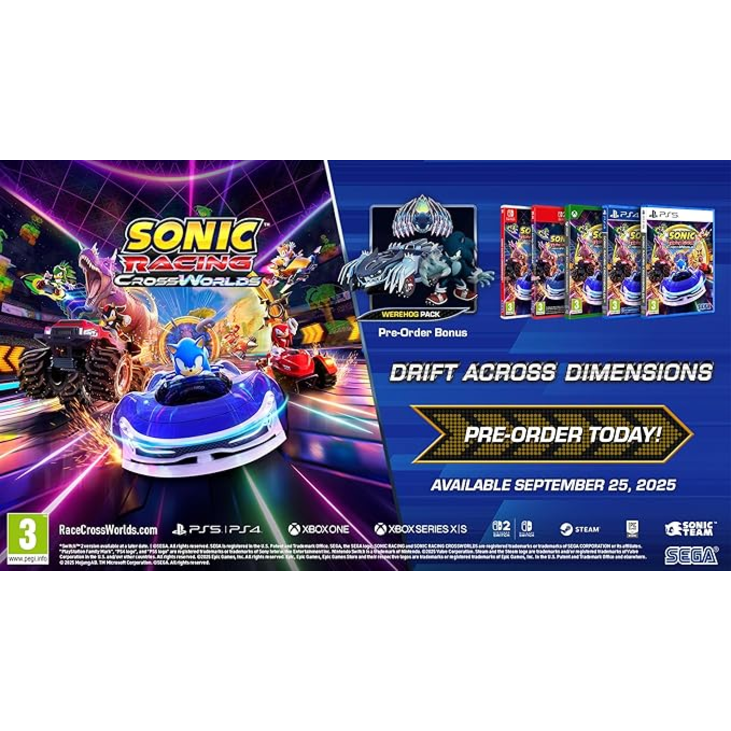 Sonic Racing: CrossWorlds promo image. Sonic in blue car, other characters, 