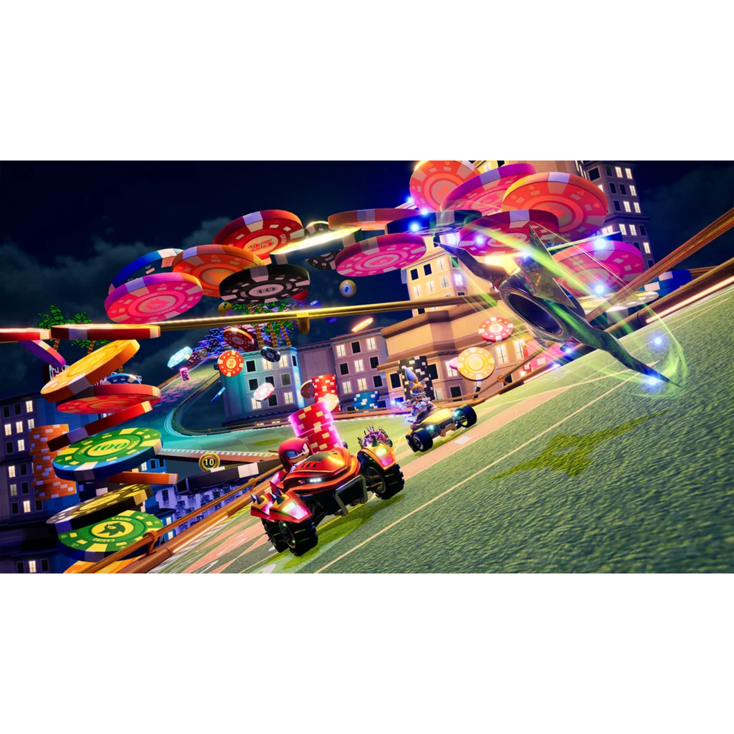 Sonic racing scene with cars racing on a track surrounded by colorful chips. Night scene.