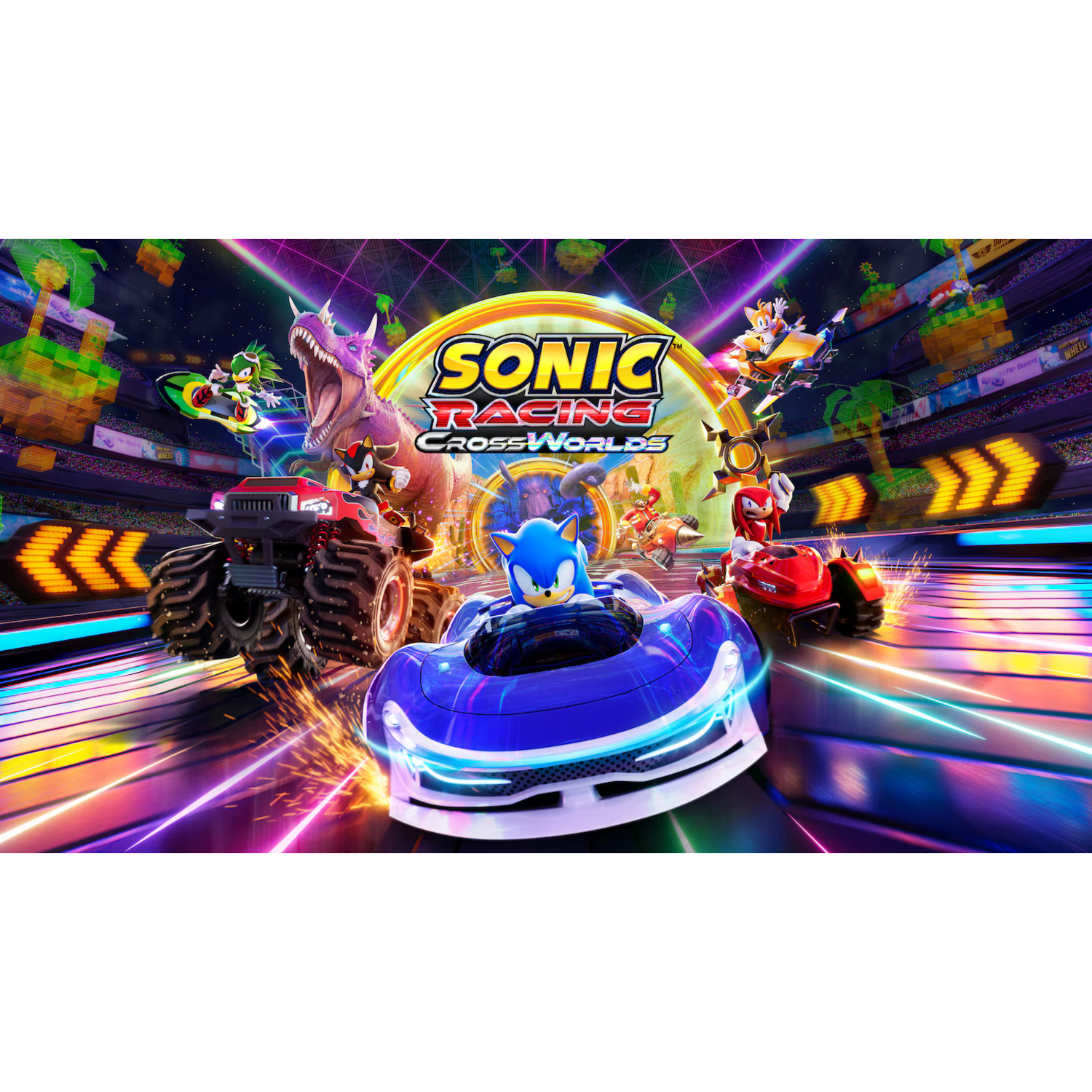 Sonic Racing: CrossWorlds game image. Sonic in blue car, racing with other characters, on a vibrant track.