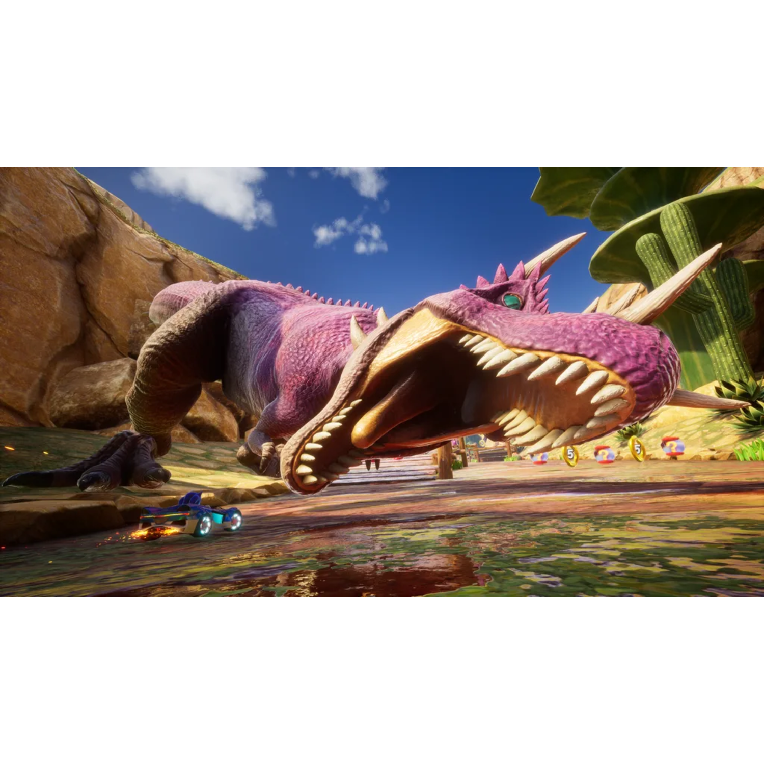 A blue car races towards a purple dinosaur. The scene is in a desert-like environment.