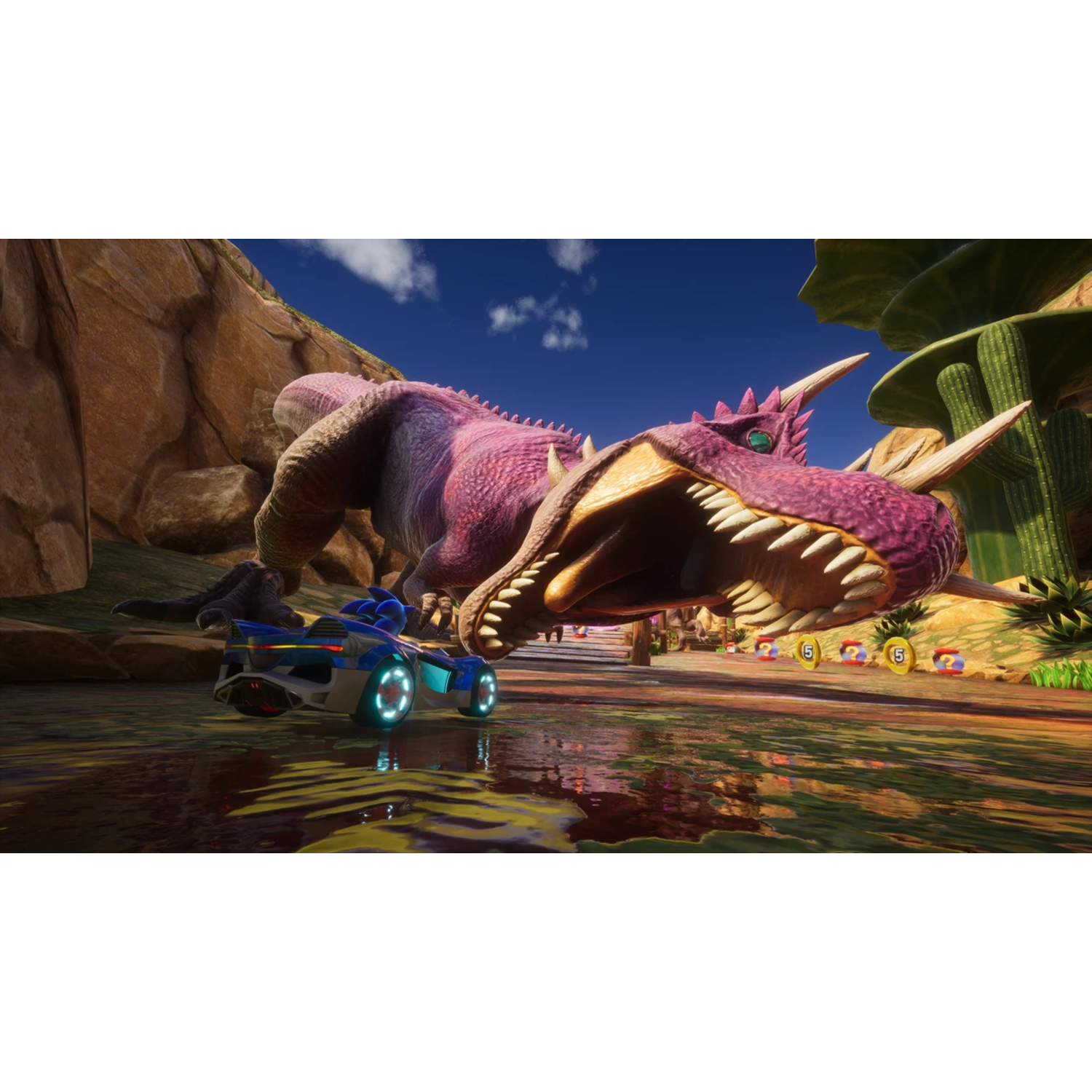 Sonic racing a blue car, dinosaur, desert scene.