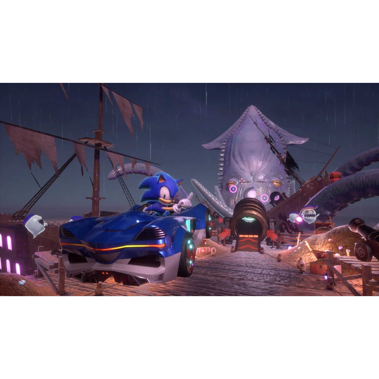 Sonic in a blue car on a pier racing. A giant squid looms in the background.
