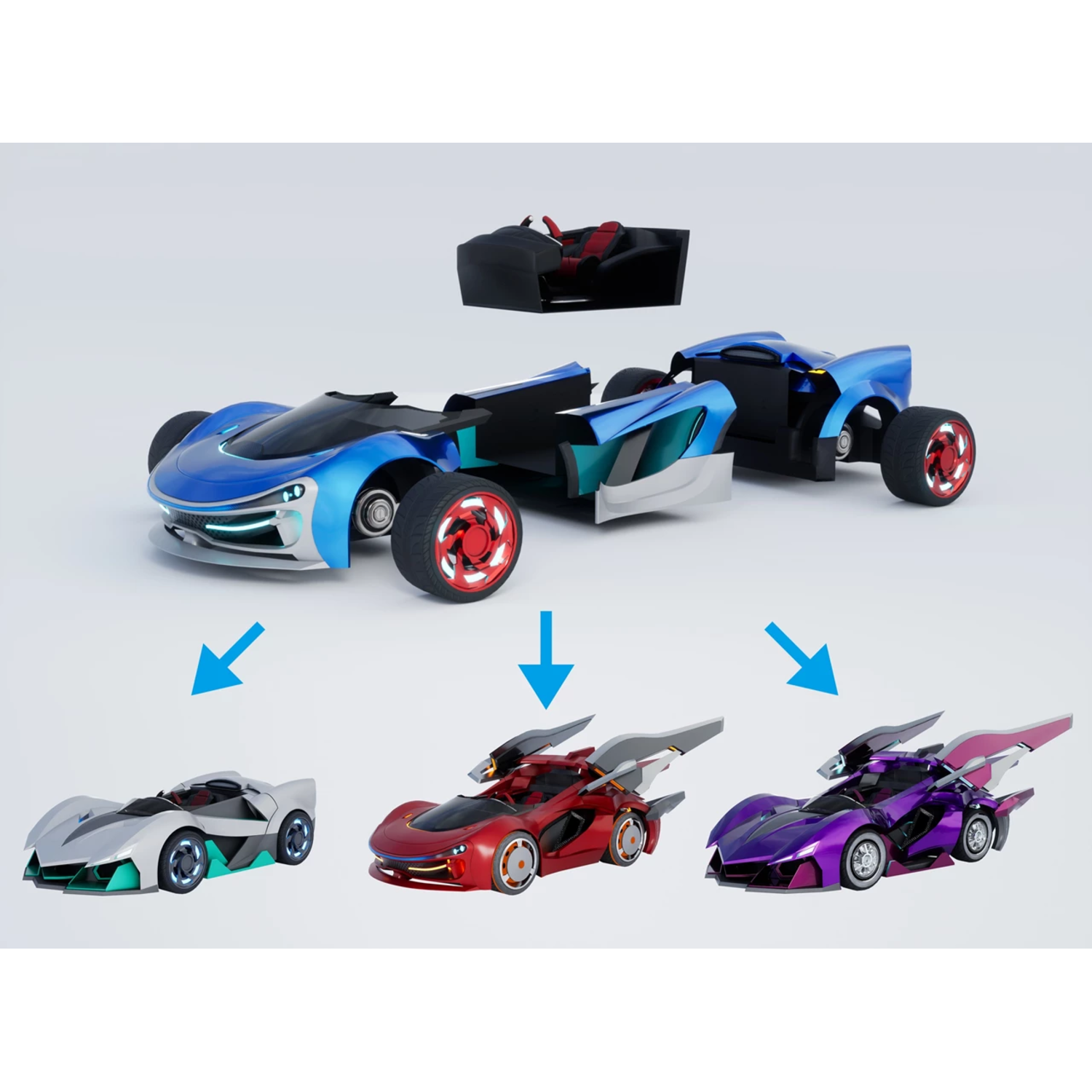 Car with interchangeable parts. Shows four different car variations in blue, silver, red, and purple.