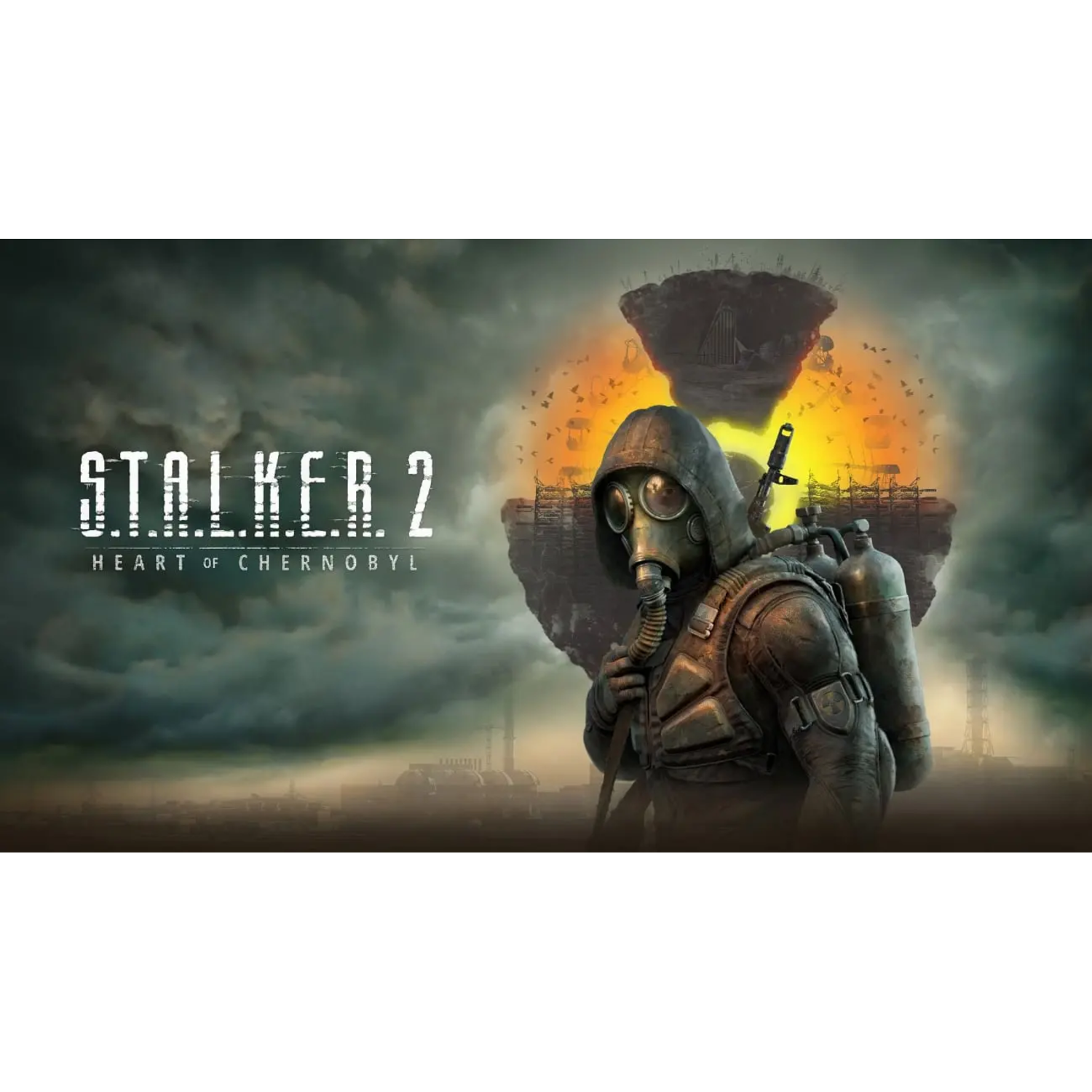 Man met gasmasker, Stalker 2 game artwork. Donkere, onheilspellende achtergrond. Post-apocalyptisch thema.