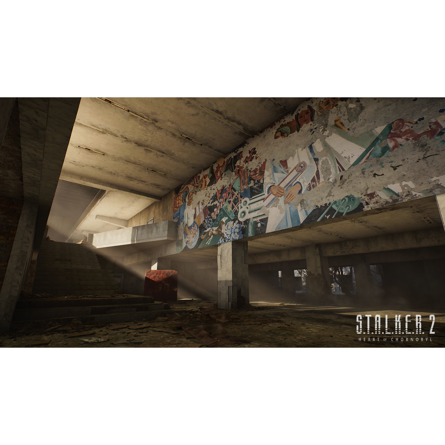 Interieur met een muurschildering, schaduwen en licht, Stalker 2 game-omgeving, die een post-apocalyptische scène uitbeeldt.