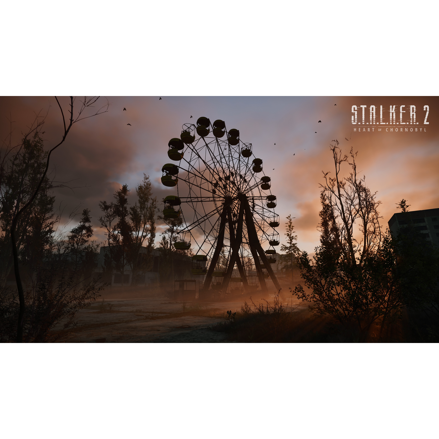 Silhouet van een reuzenrad bij zonsondergang, Stalker 2 game-omgeving, met een post-apocalyptische sfeer.