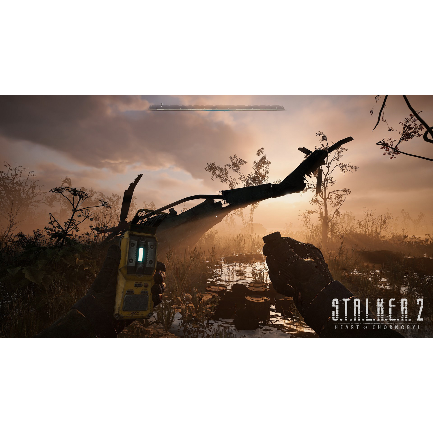 Hand houdt een apparaat vast, Stalker 2 game, troebel water en een kapot vliegtuig op de achtergrond.