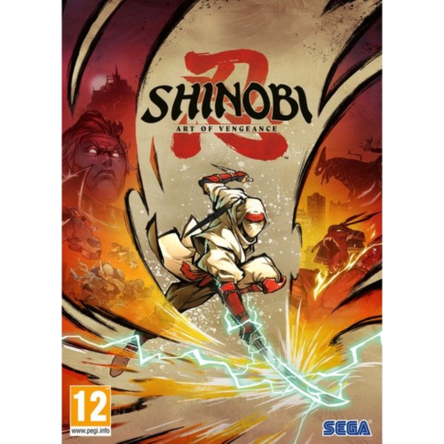 Illustration de la couverture du jeu Shinobi 2, avec un ninja en action, avec un fond de paysage urbain.