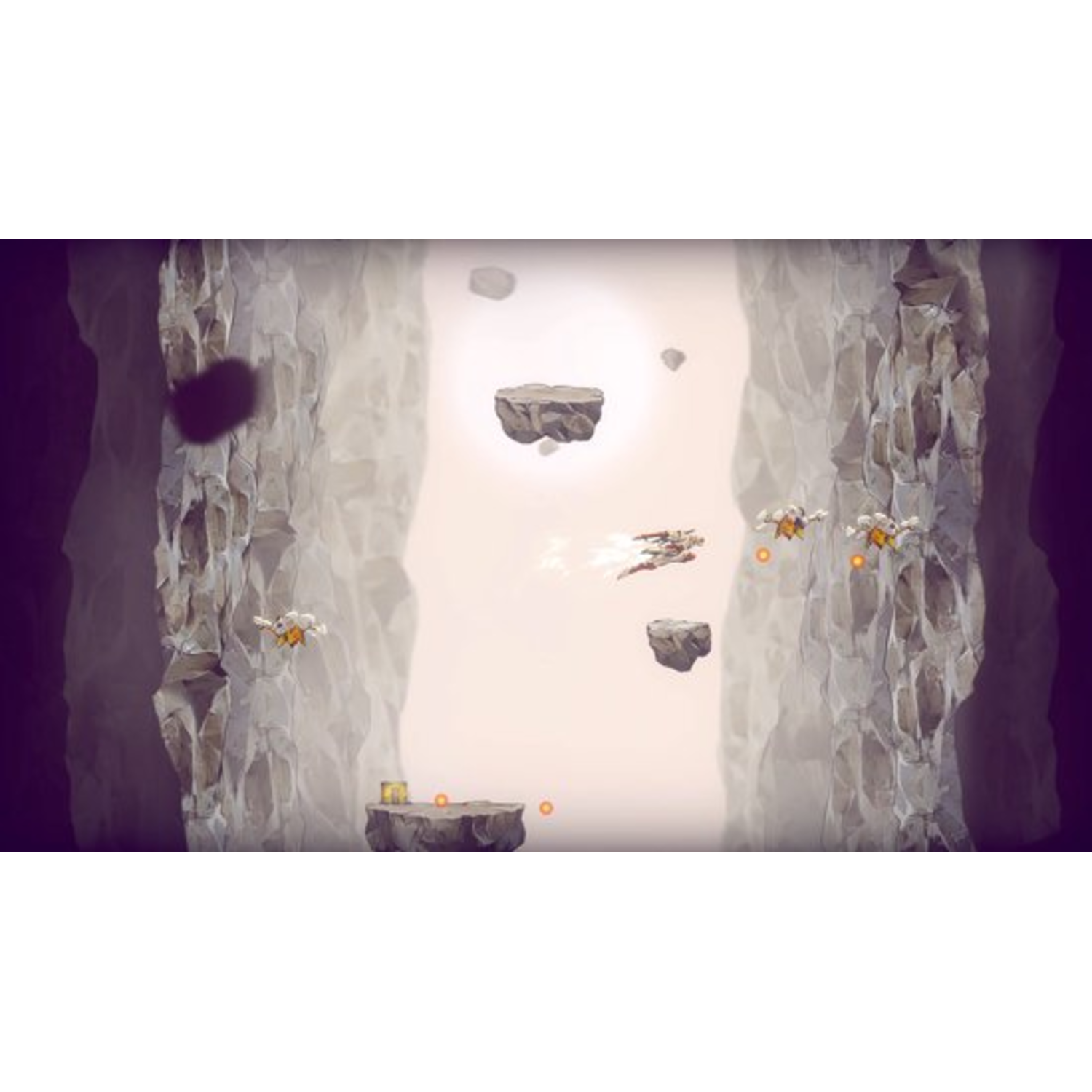 Scène de jeu avec des personnages volants, des formations rocheuses et un environnement futuriste ouvert.