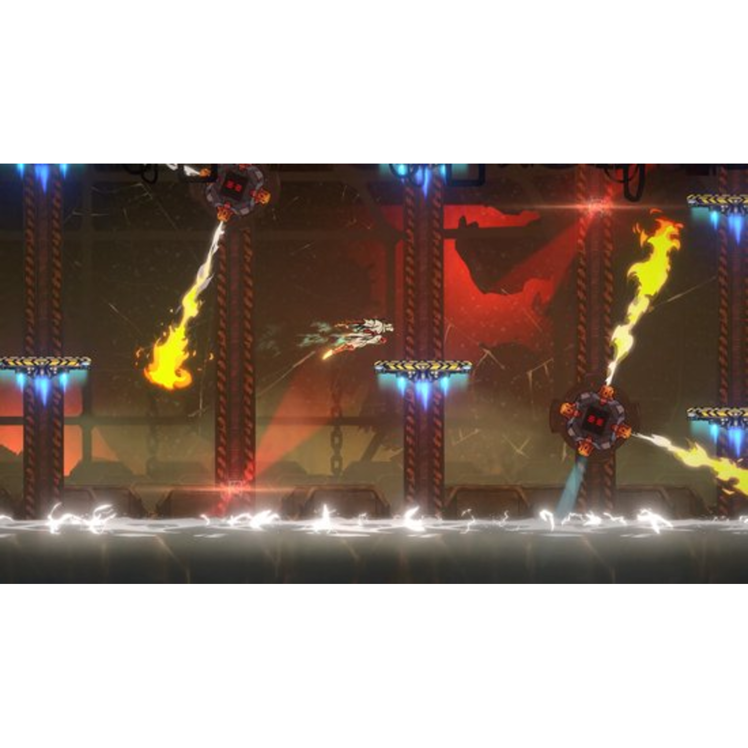 Scène de jeu avec personnage, explosions et un environnement industriel futuriste, plein d'action.