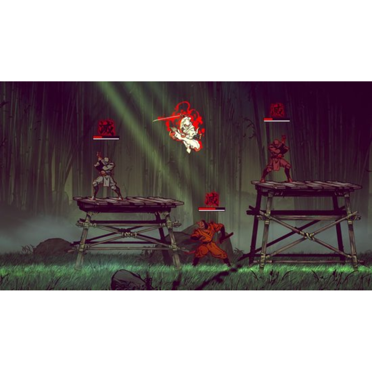 Scène de jeu de ninja. Ninjas sur des plates-formes en bois dans une forêt de bambous. Un ninja saute.