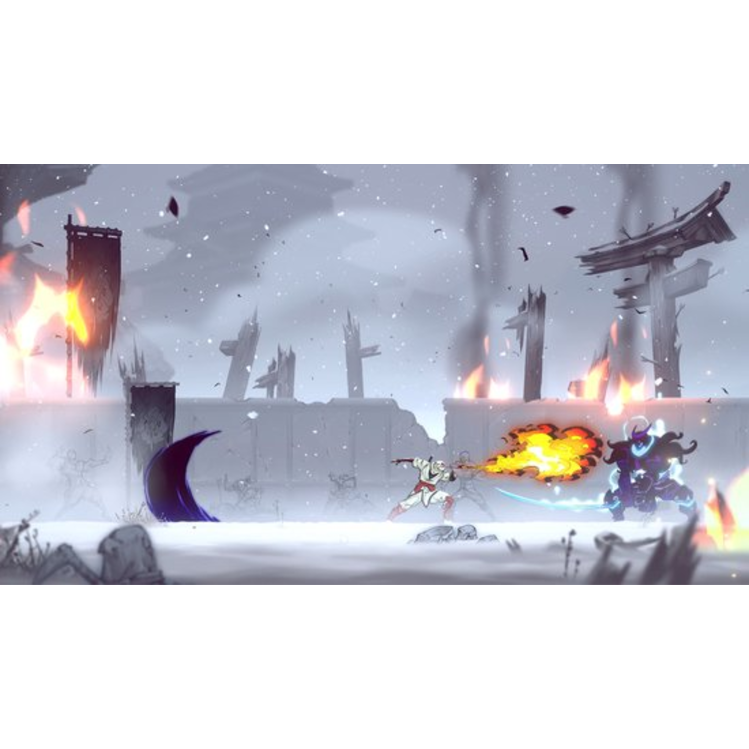 Scène de jeu animée avec un personnage vêtu de blanc tirant du feu sur un personnage sombre.