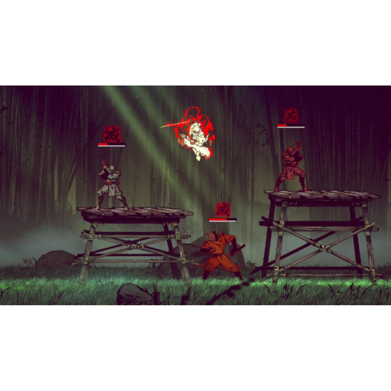 Ninja-gamescene. Ninja's op platforms in een bamboebos. Een ninja is in de lucht.