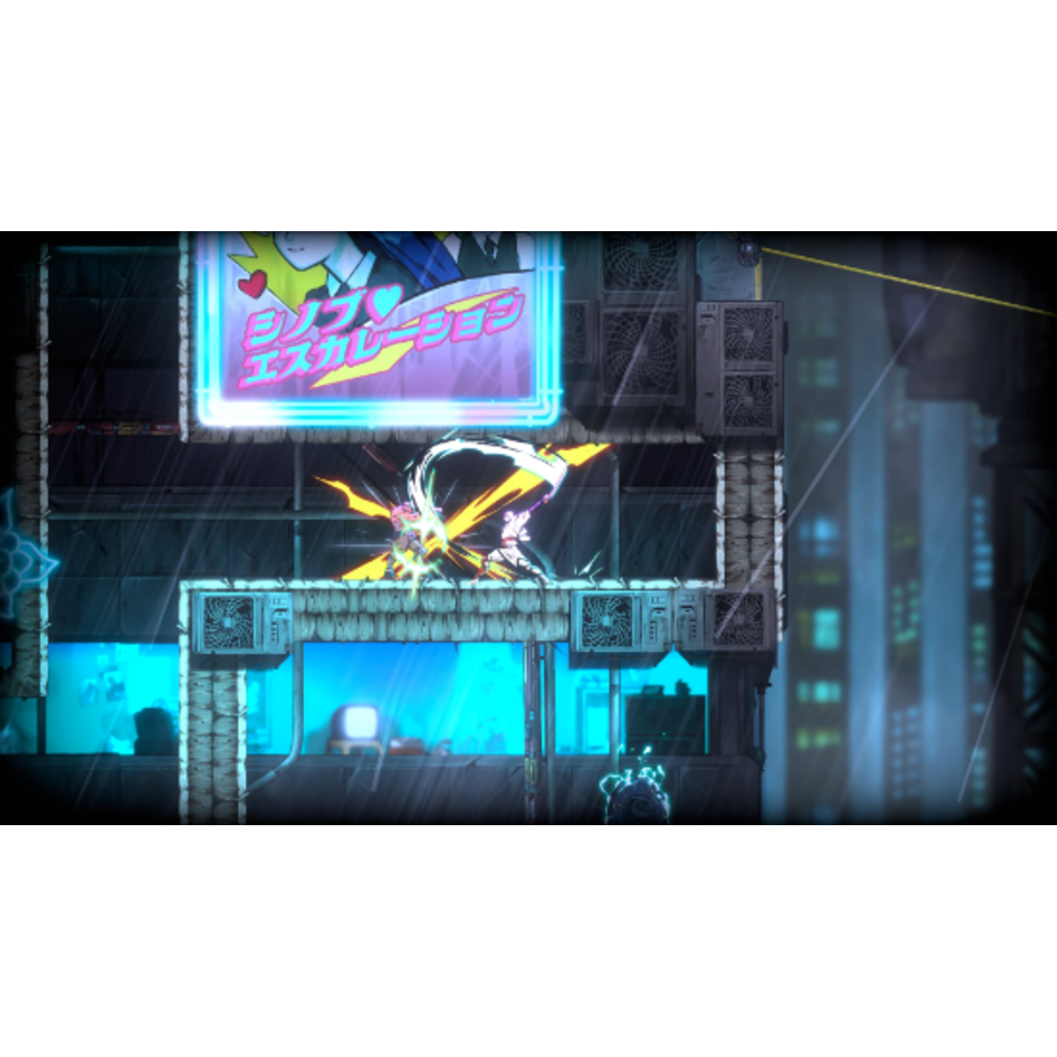 Een game-scene in een door regen geteisterd stadslandschap. Personages vechten op een dak.
