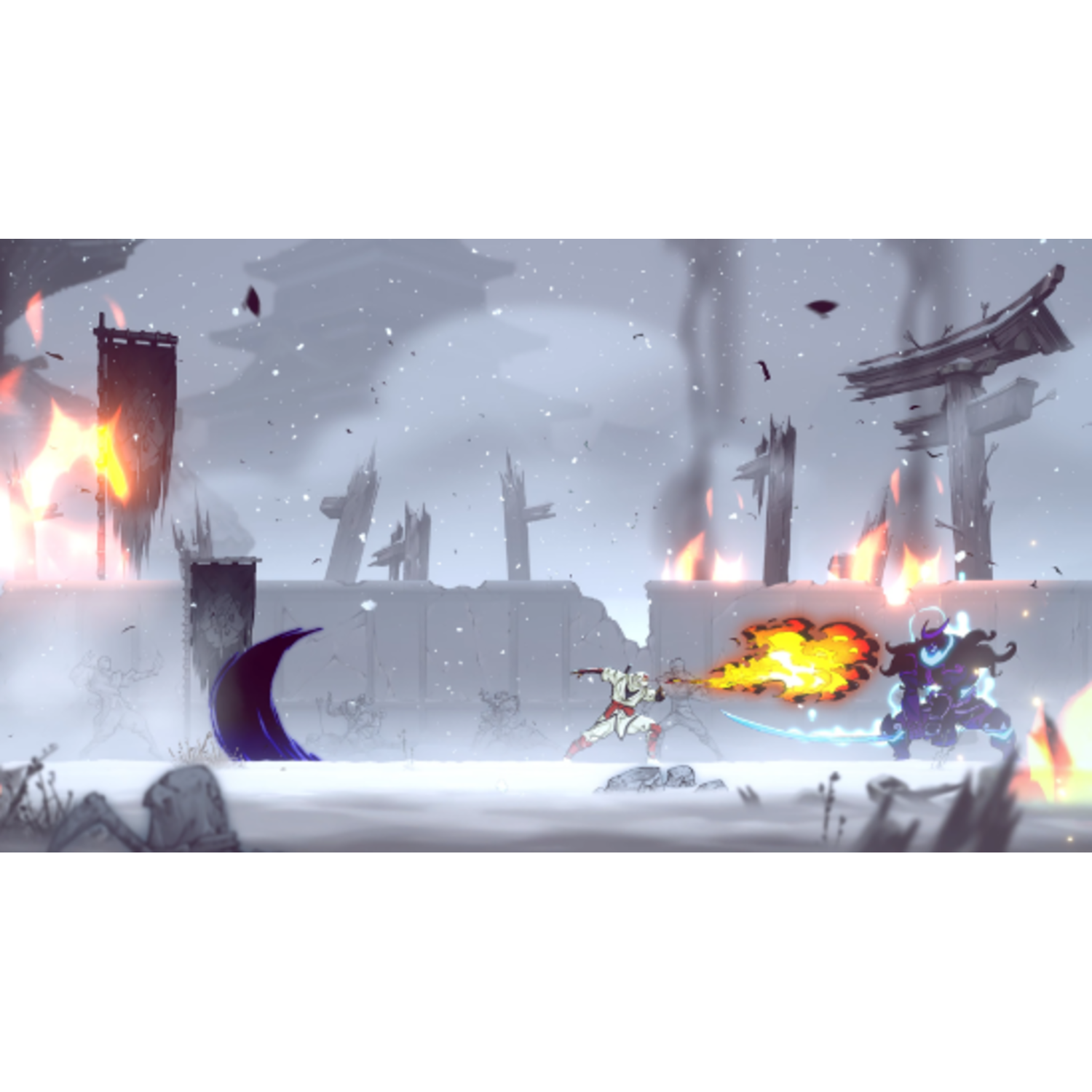 Een besneeuwde game-scene. Twee personages vechten. Brandende structuren op de achtergrond.