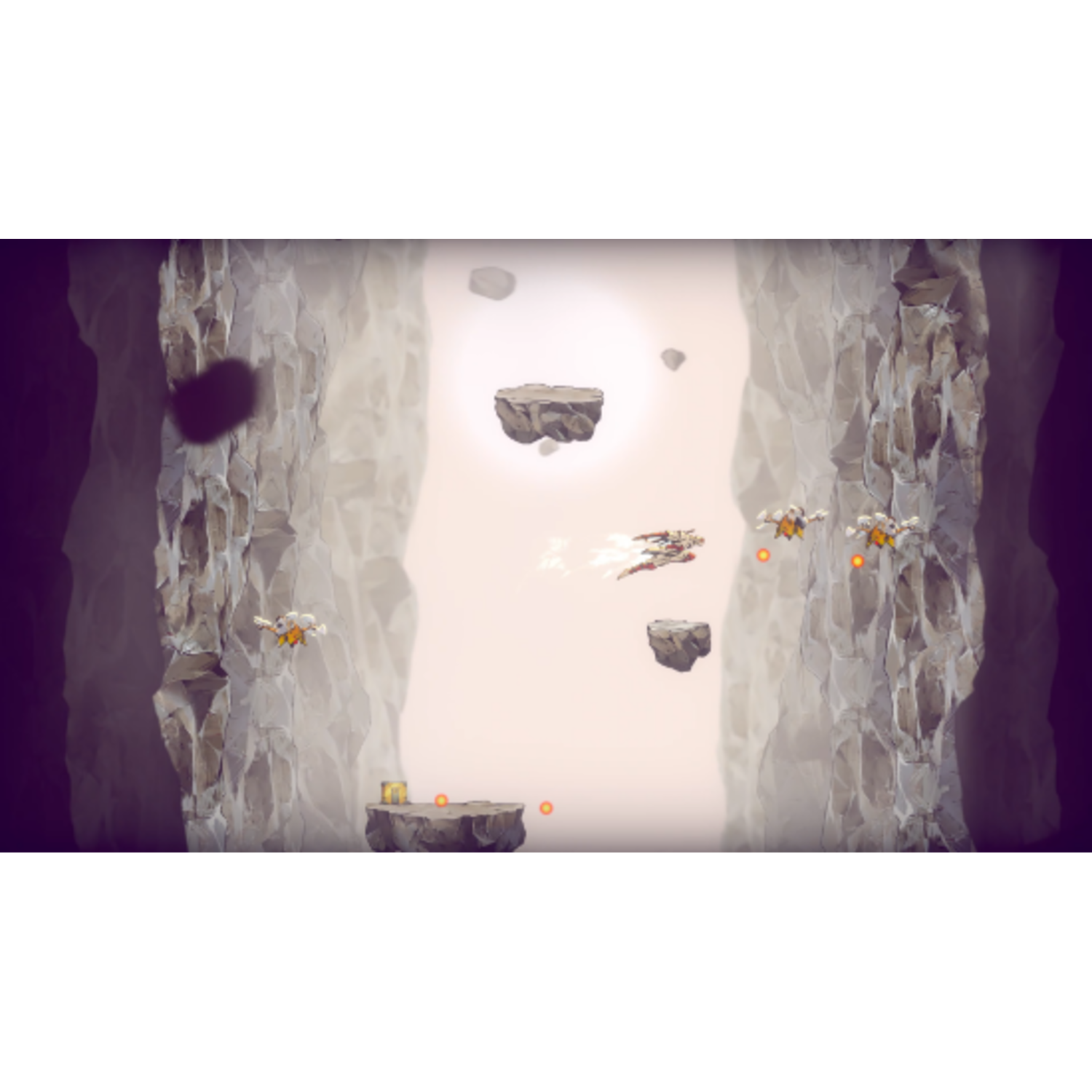 Een game-scene in een grot. Een personage vliegt. Zwevende rotsen op de achtergrond.
