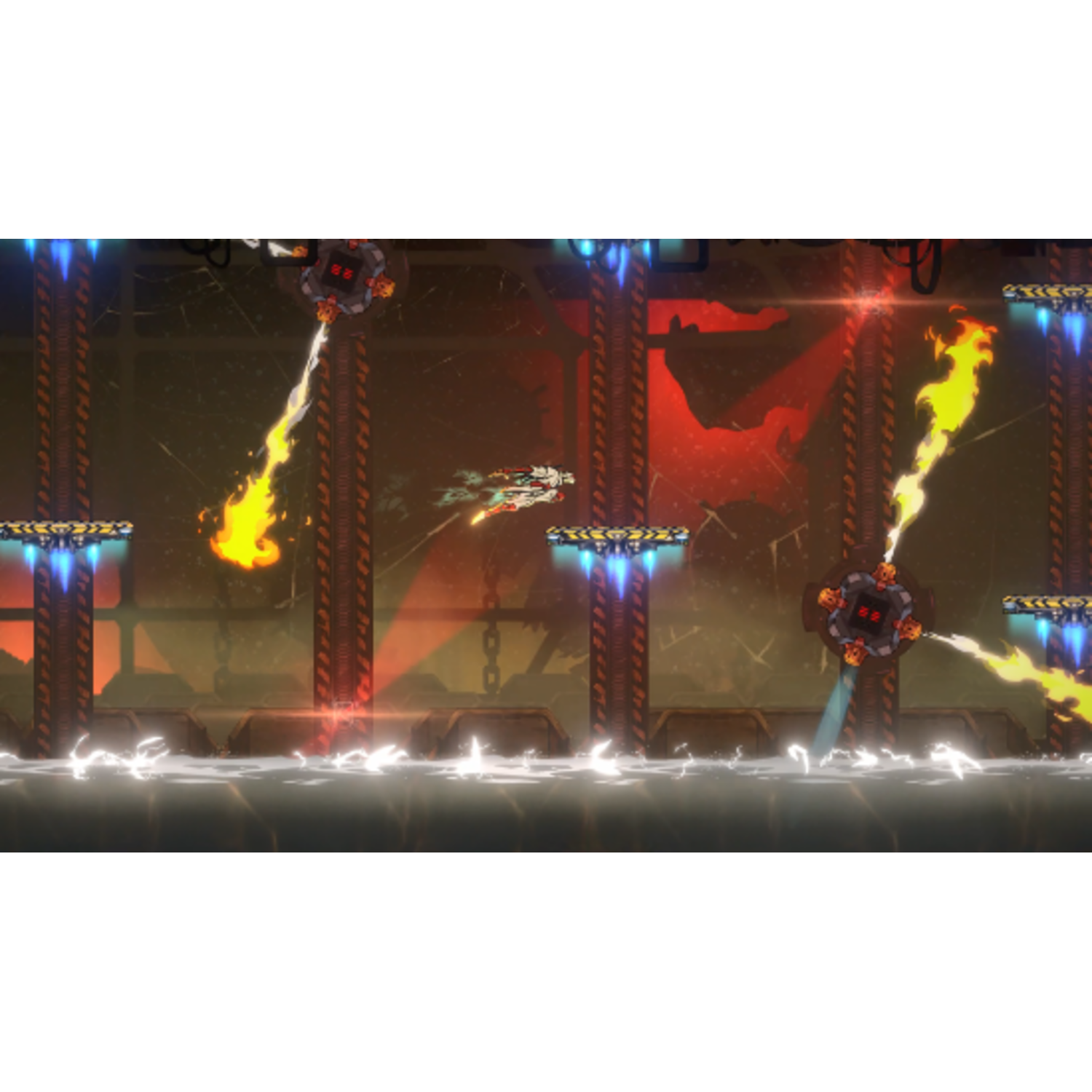 Een game-scene met een personage dat door een metalen structuur vliegt, met vuur en explosies.
