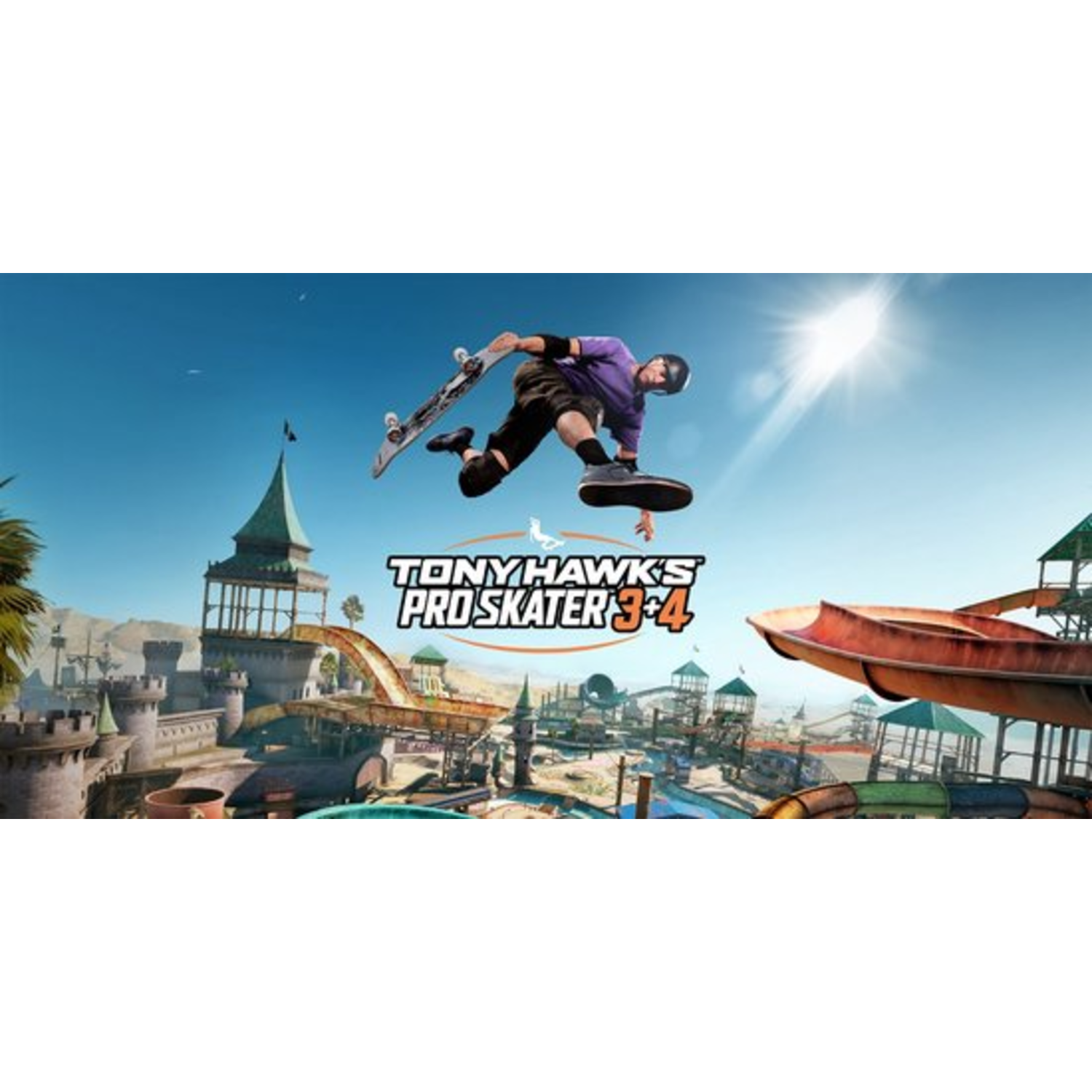 Een skateboarder in actie, die een truc uitvoert over een waterparklandschap.