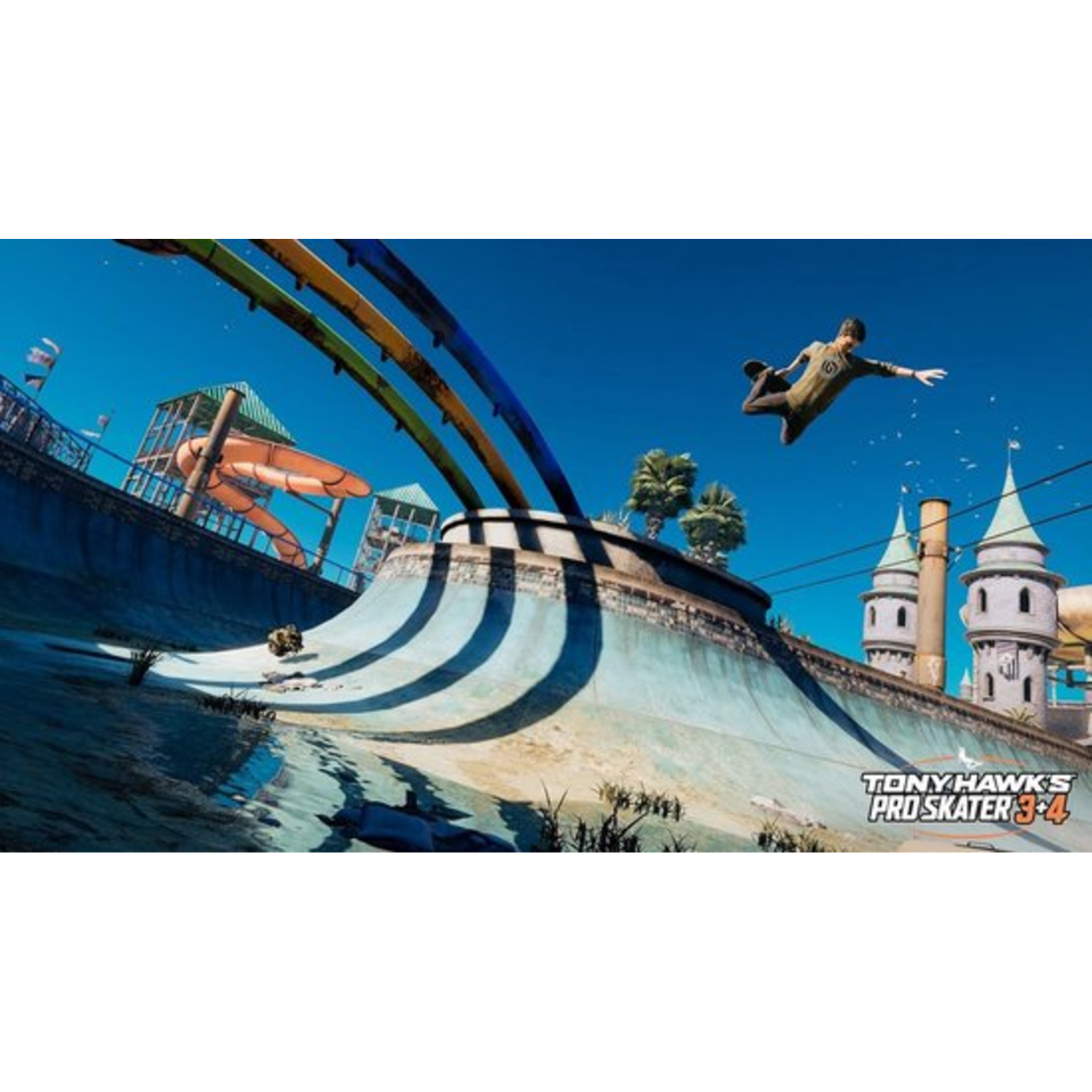 Een skateboarder in de lucht, die een truc uitvoert. Waterparklandschap op de achtergrond.