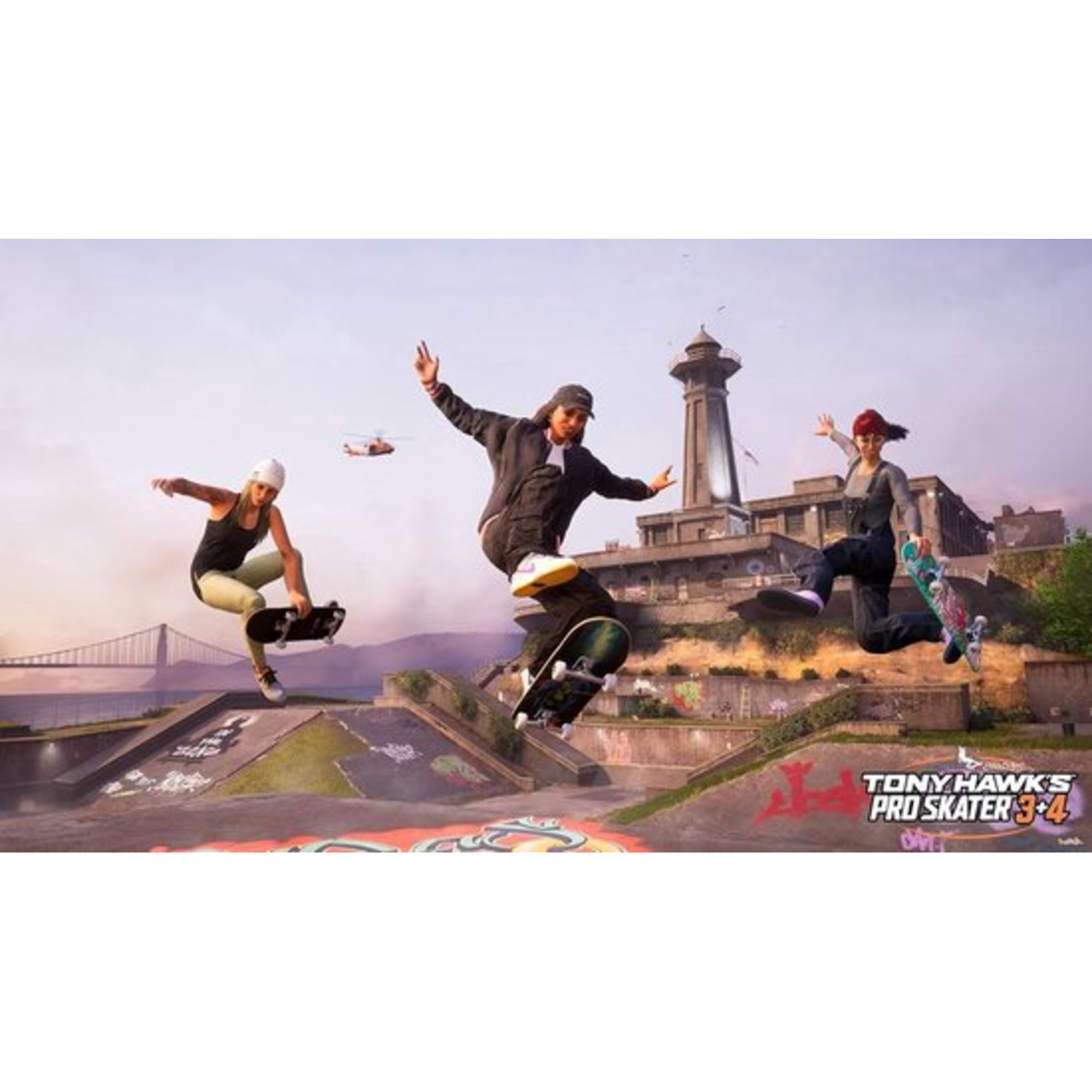 Drie skateboarders in de lucht, die trucs uitvoeren in een skatepark.