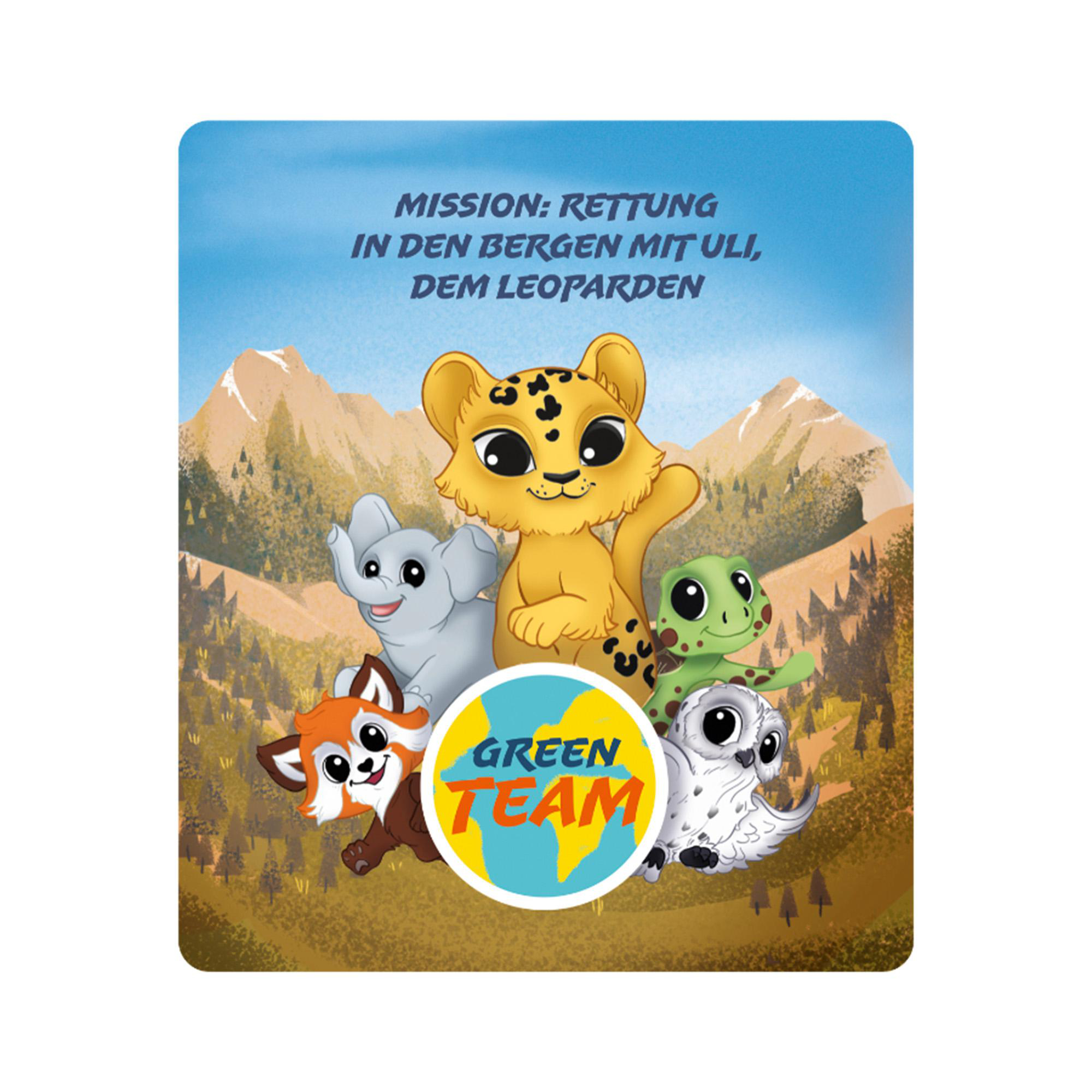 Illustration von Tieren des Green Teams, Berge im Hintergrund. Text: Mission: Rettung in den Bergen mit Uli, dem Leoparden.