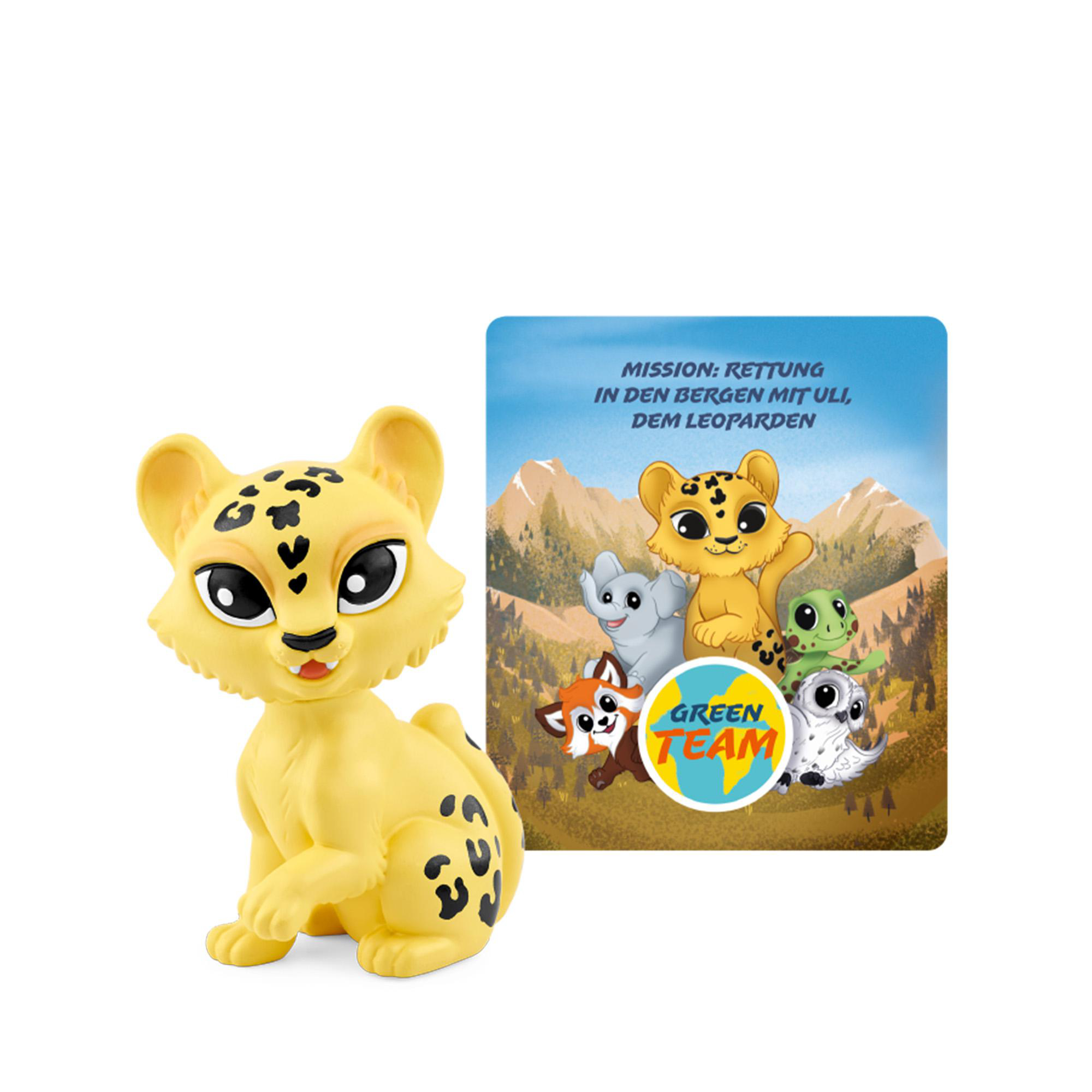 Eine gelbe Leopardenfigur und eine Karte. Die Karte zeigt eine Zeichentrickszene mit Tieren. Der Text auf der Karte ist auf Deutsch.