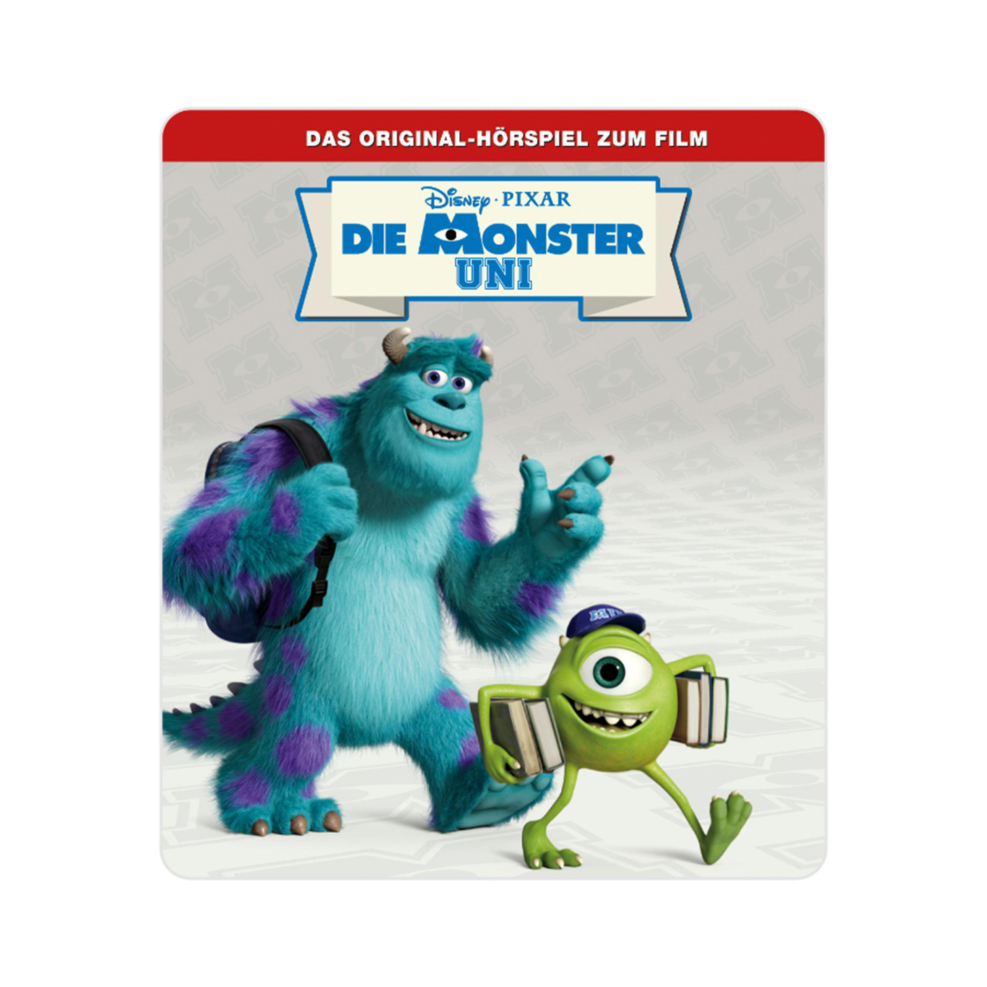 Filmcover für Die Monster Uni. Sully und Mike Wazowski sind im Vordergrund. Der Hintergrund ist ein Logomuster.