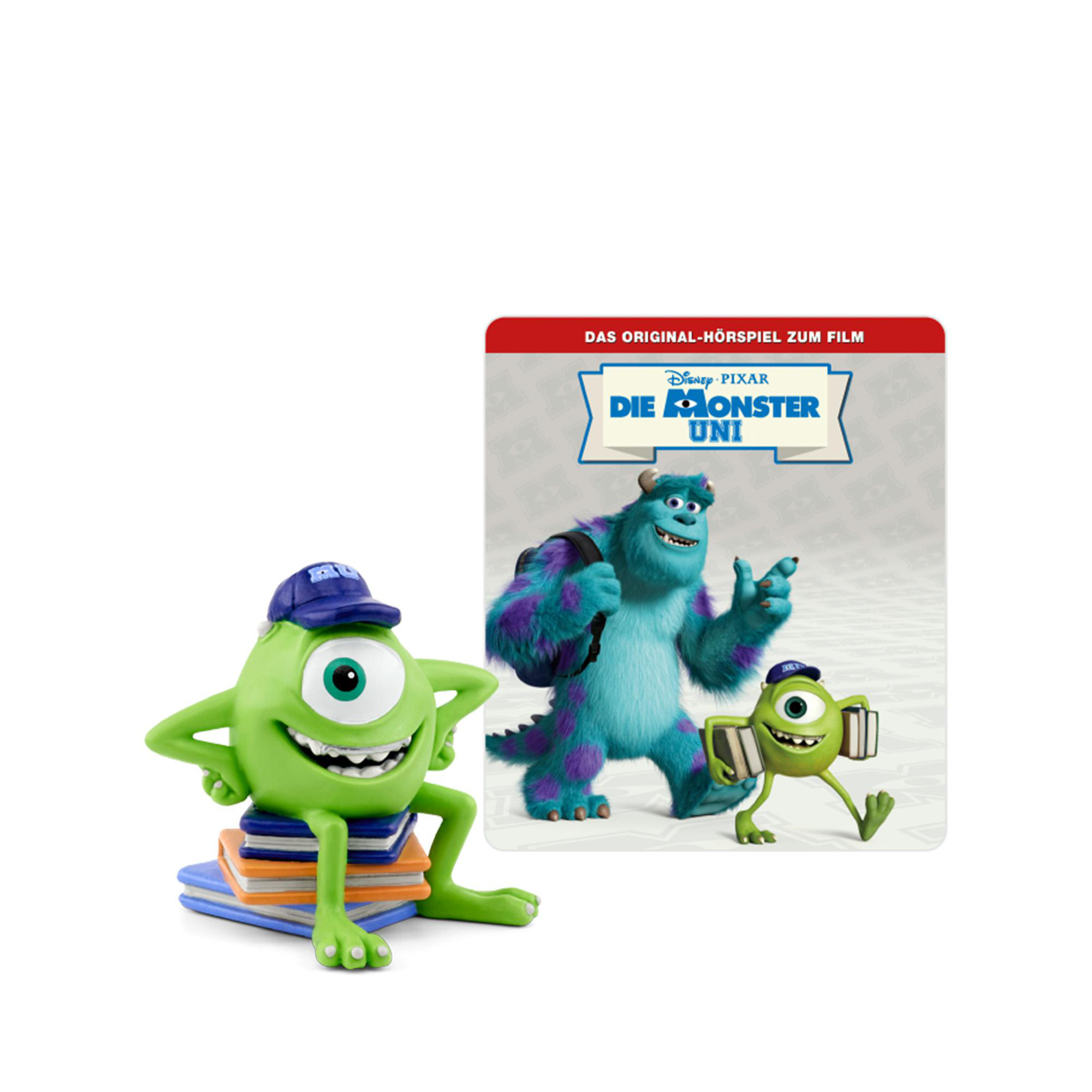 Mike Wazowski Figur auf Büchern, Monster Uni Poster und Sulley Figur.