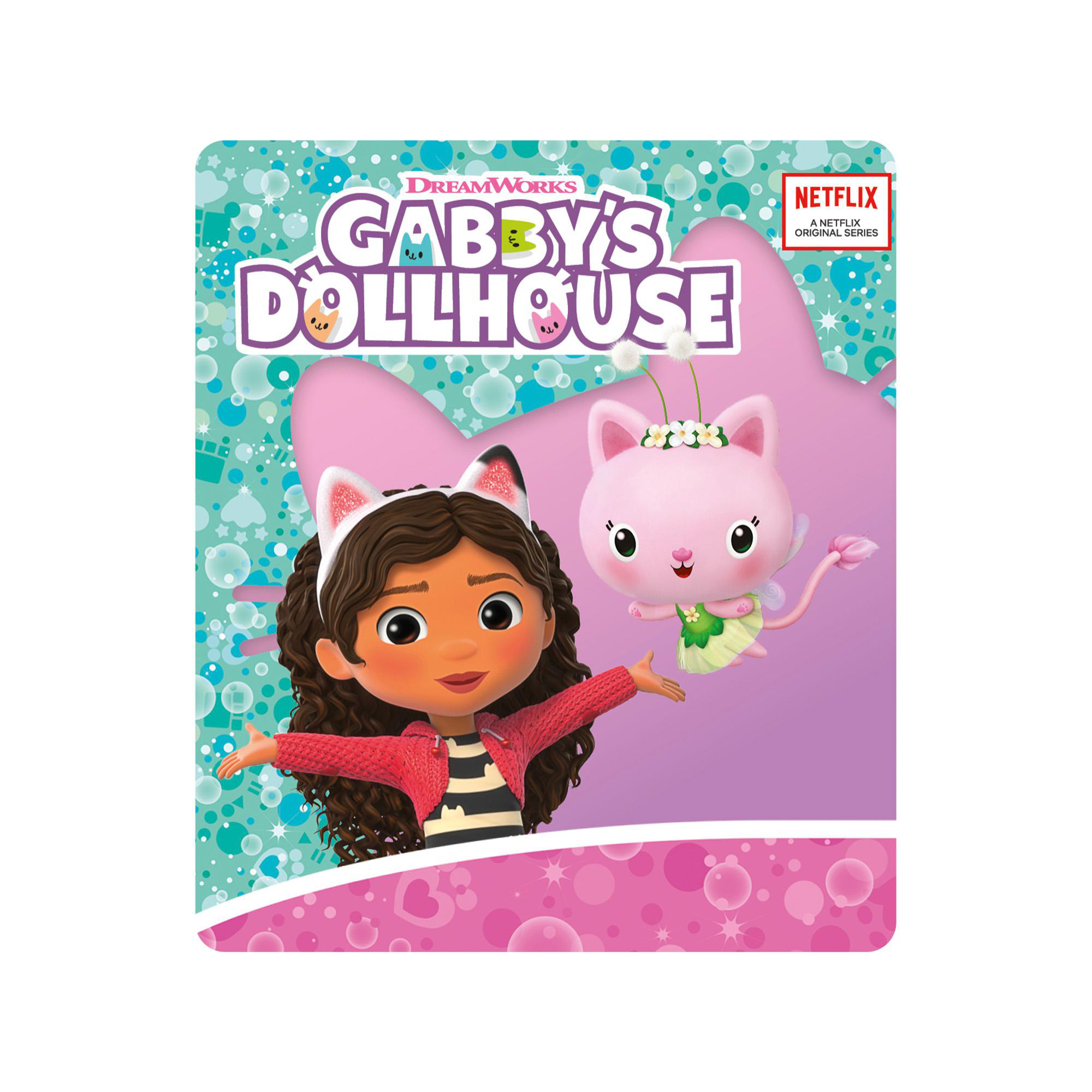 Gabby's Dollhouse Buchcover mit Gabby und einer rosa Katzenfigur.