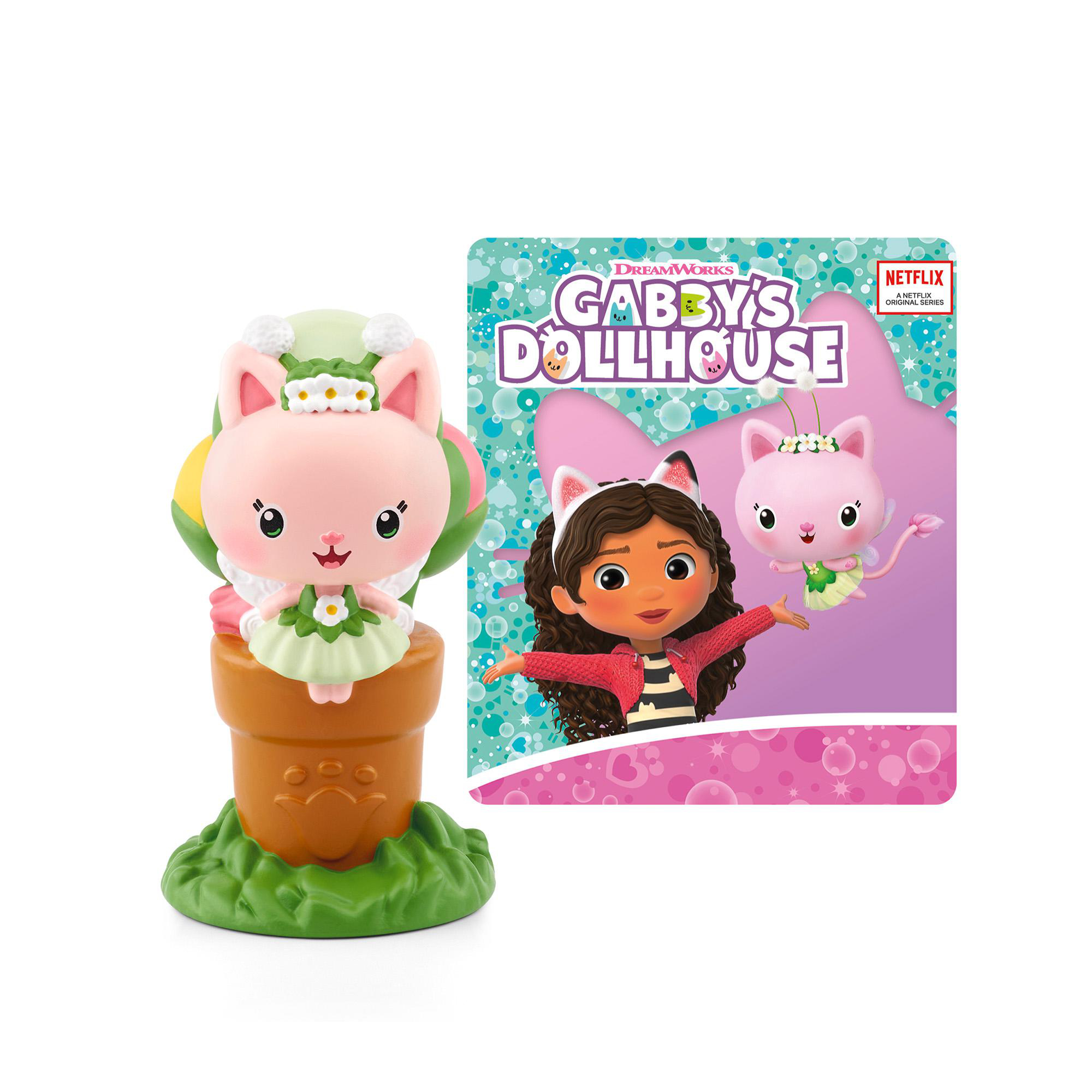 Eine rosa Hasenfigur mit Blumenkrone, und Gabby's Dollhouse Buchcover.