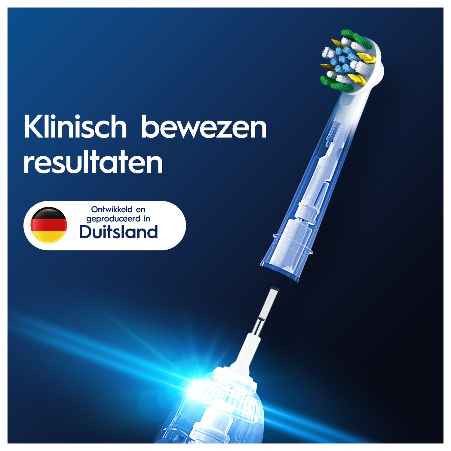 Tandenborstelkop met tekst: Klinisch bewezen resultaten. Gemaakt in Duitsland.