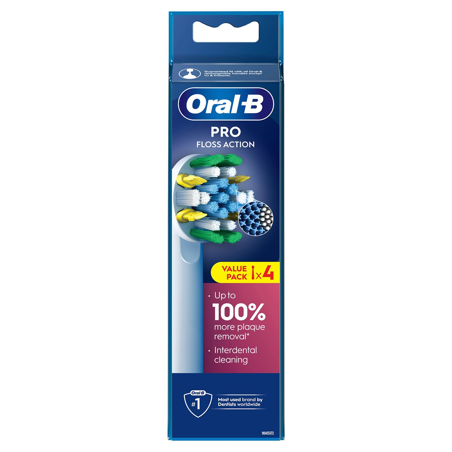 Oral-B tandenborstelkop verpakking. Witte kop met blauwe, groene en gele borstelharen. Tekst geeft flosdraad aan.