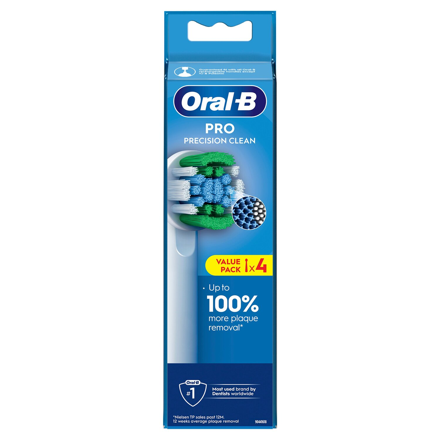 Emballage de tête de brosse à dents Oral-B Pro Precision Clean. Tête blanche avec soies bleues et vertes.