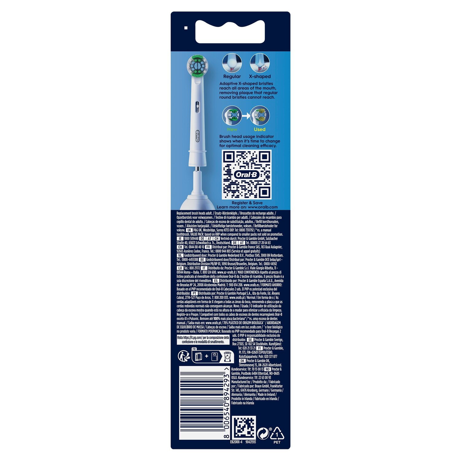 Dos de l'emballage Oral-B Pro Precision Clean. Texte et code QR. Montre une tête de brosse à dents.