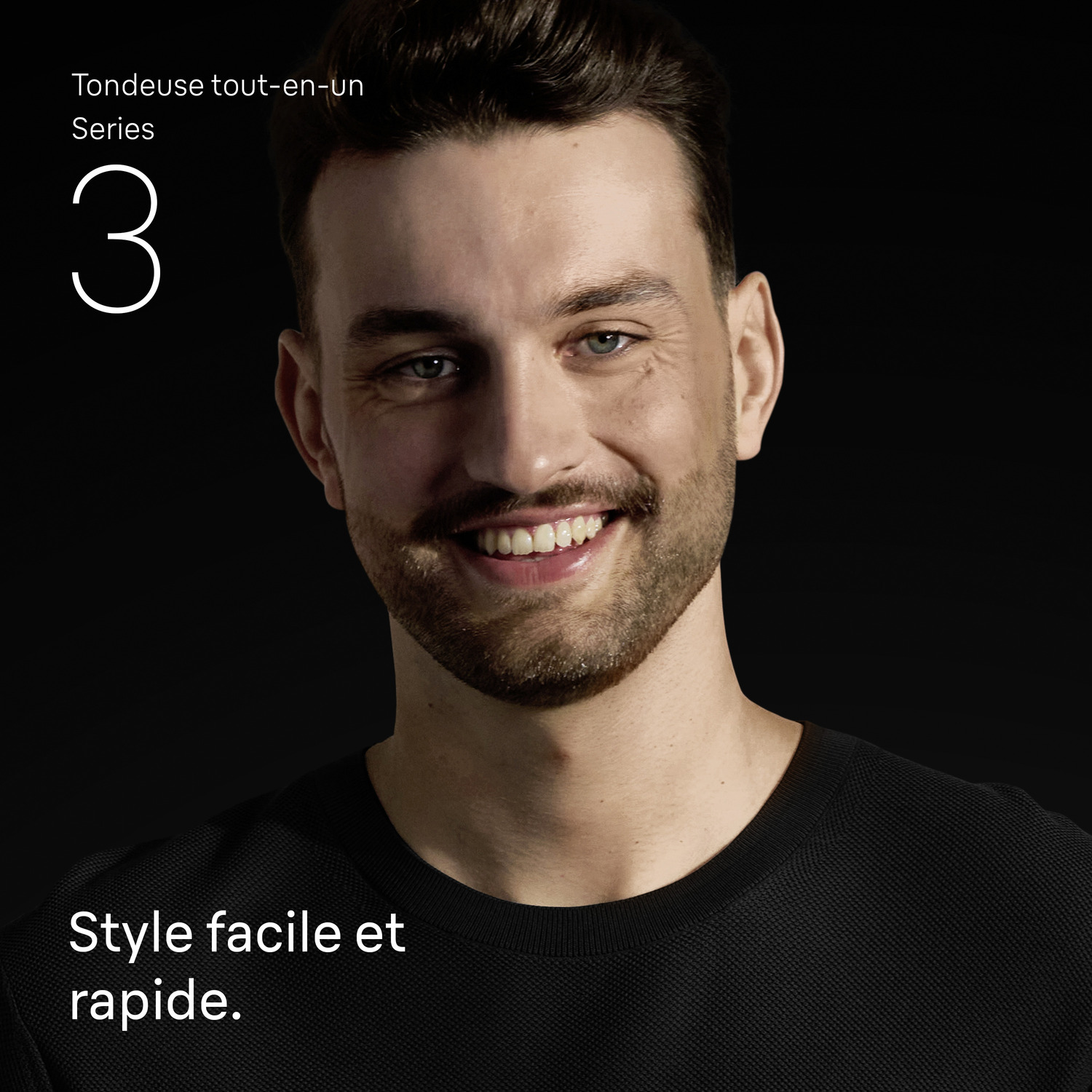 Homme souriant avec barbe, texte dit Série 3, Style facile et rapide.