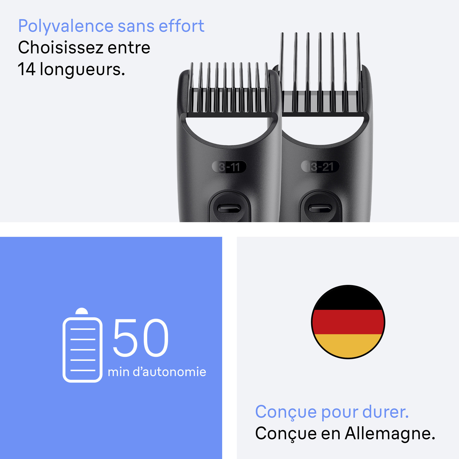 Deux accessoires de tondeuse noirs, texte : Choisissez parmi 14 longueurs, plus icônes avec batterie et drapeau.