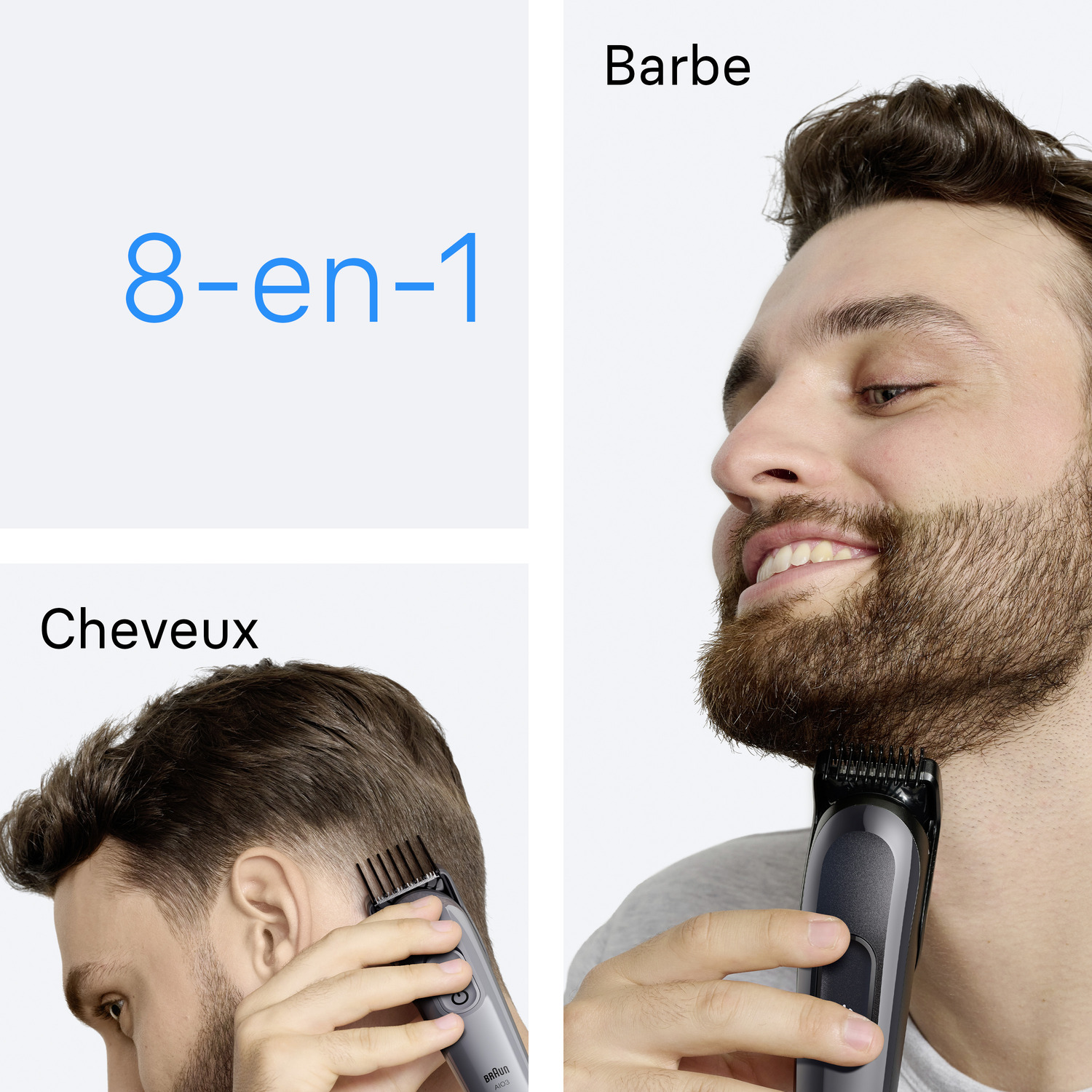 Homme se rasant la barbe et les cheveux avec une tondeuse, texte : 8-en-1, cheveux, barbe.