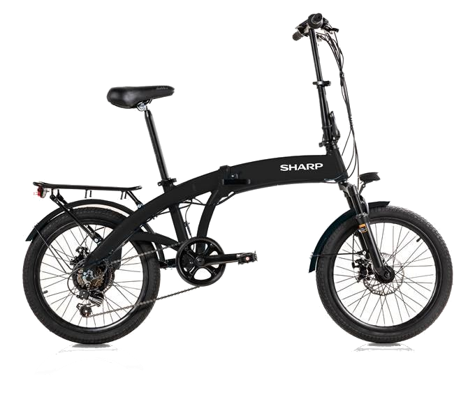 Czarny składany rower elektryczny z boku, z logo SHARP.
