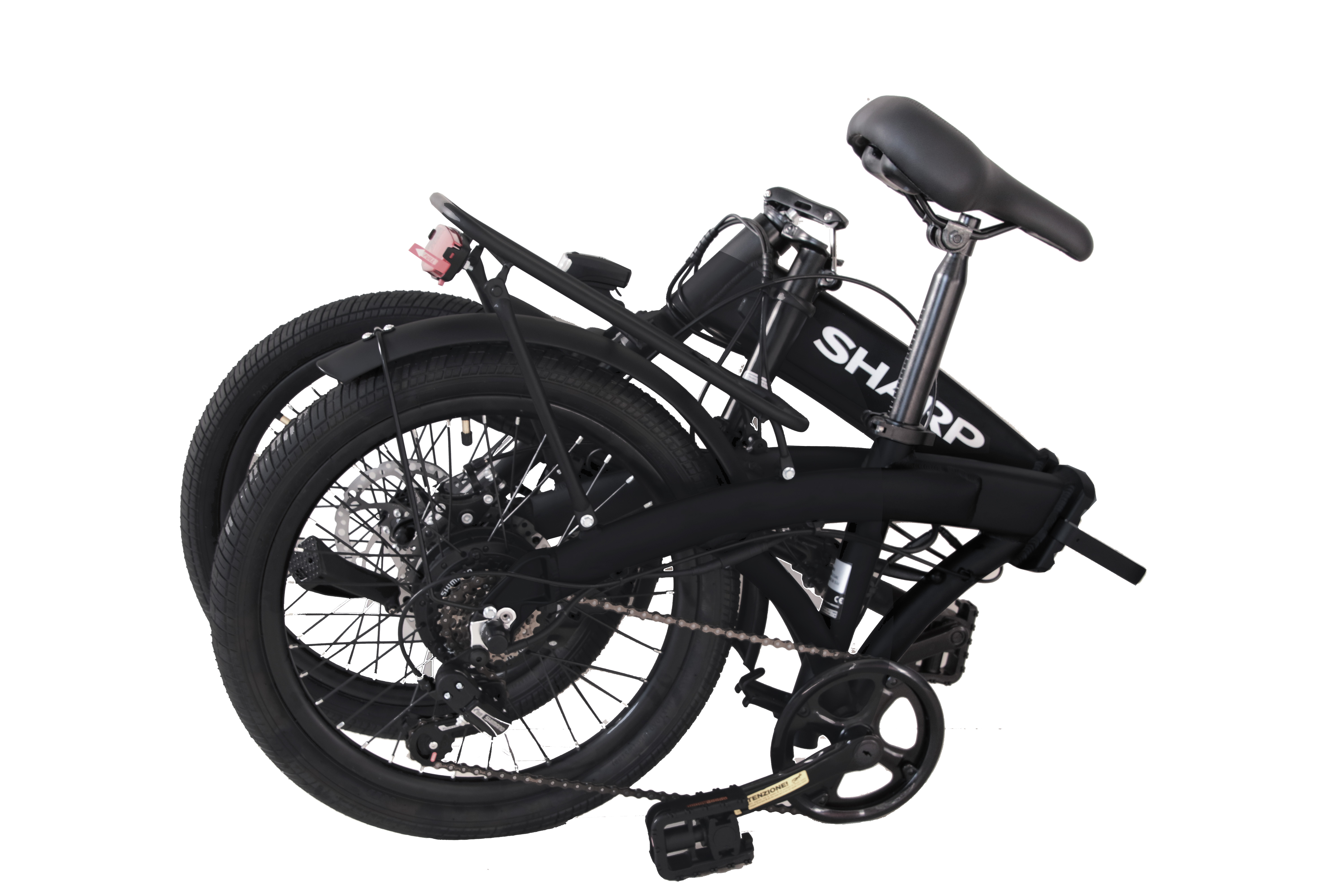 Czarny złożony rower elektryczny z boku, pokazujący szczegóły.