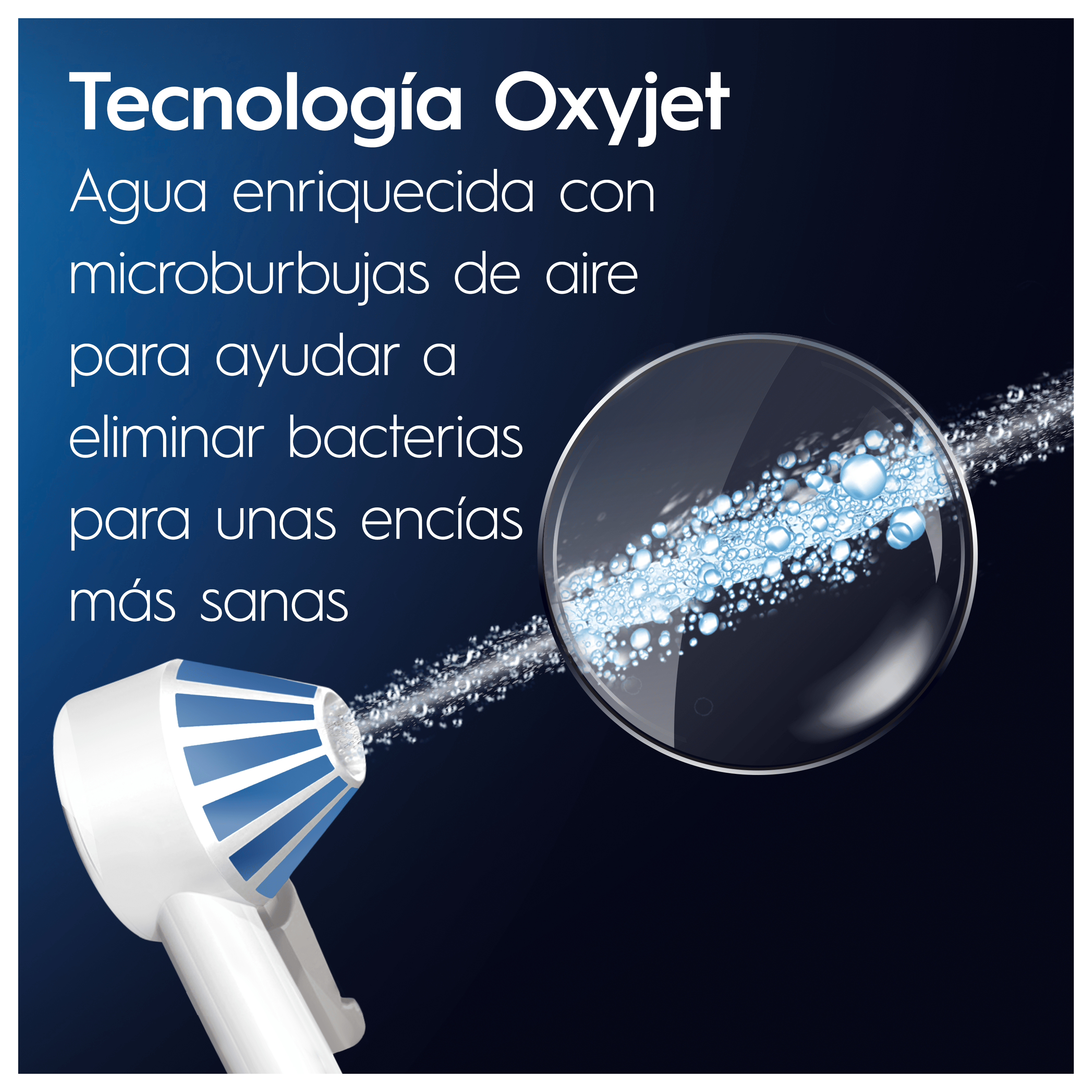 Una ilustración muestra un irrigador dental blanco y azul con enfoque en el chorro de agua.