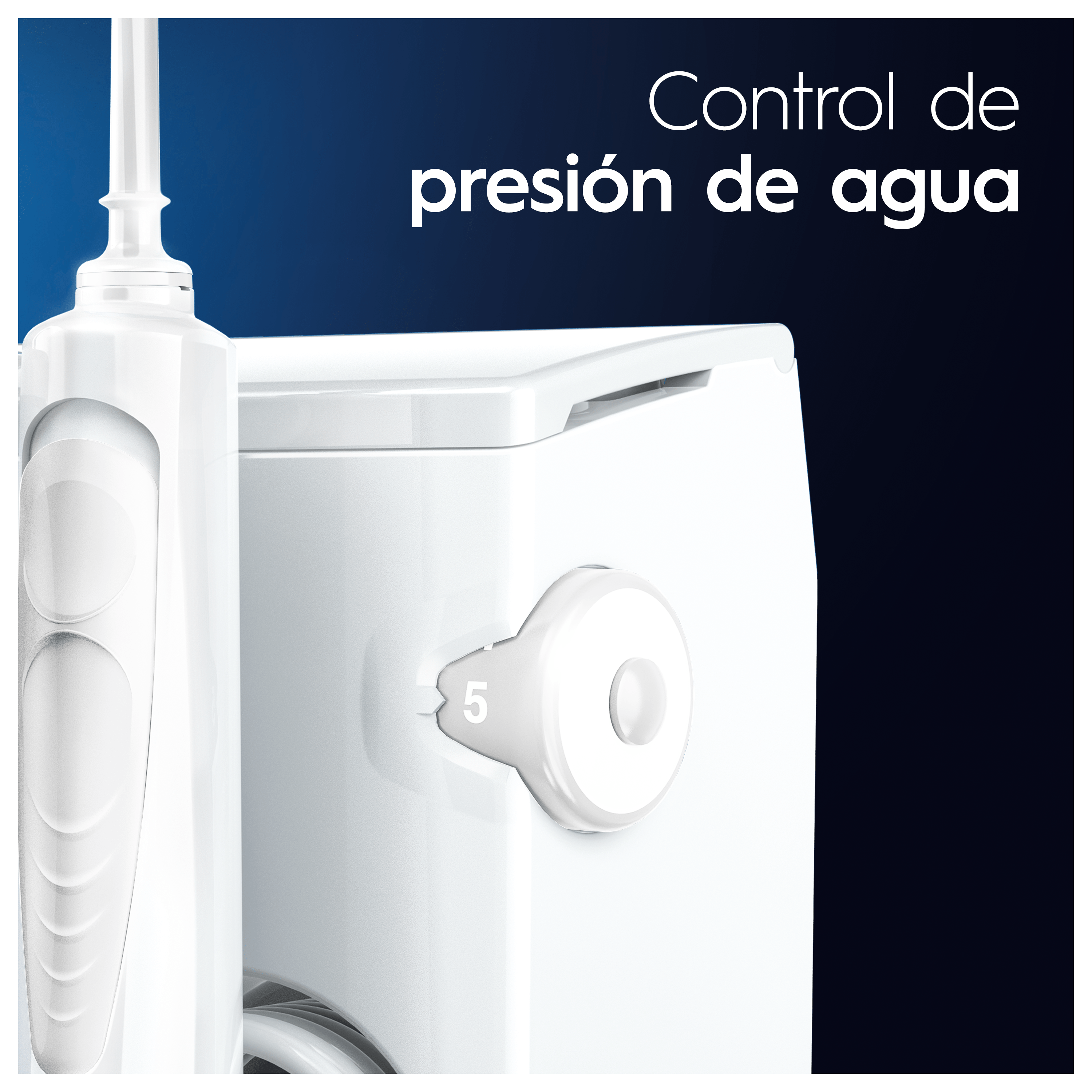 Dispositivo blanco de control de presión de agua. El dial está en 5. El texto dice 'Control de presión de agua'.