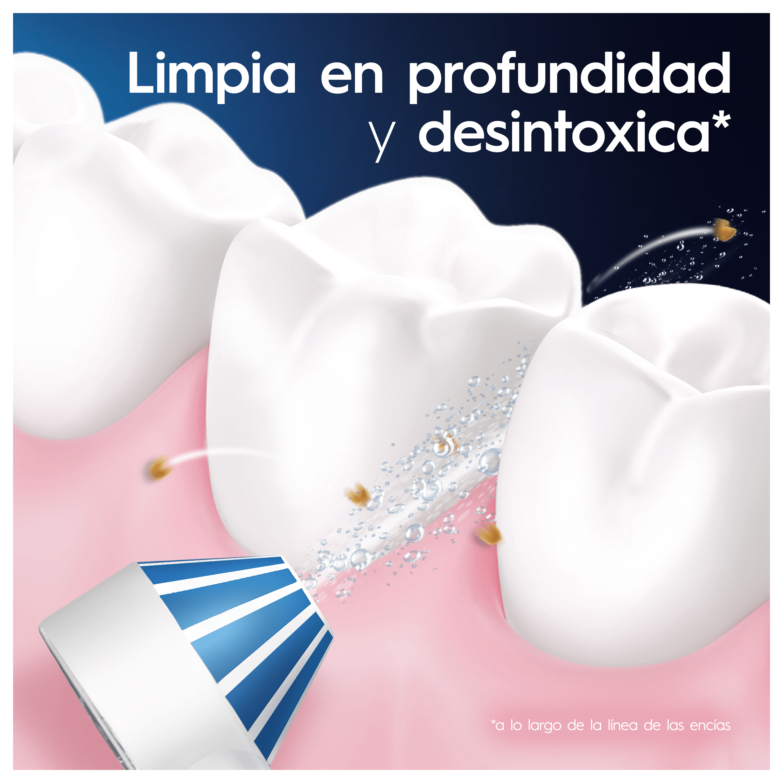 Dientes siendo limpiados por un cepillo de dientes. El texto dice: Limpia en profundidad y desintoxica.