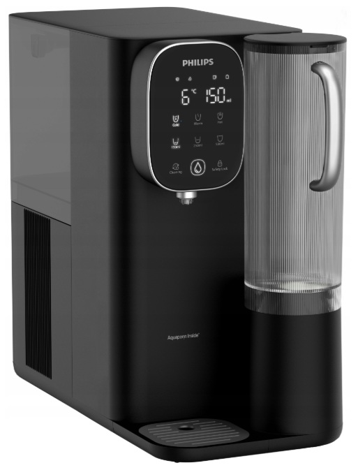 Czarny dystrybutor wody Philips. Posiada wyświetlacz cyfrowy, zbiornik na wodę i tackę ociekową.