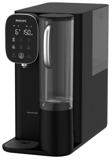 Czarny dystrybutor wody Philips z wyświetlaczem cyfrowym. Posiada zbiornik na wodę i tackę ociekową.