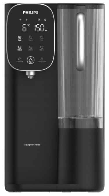 Czarny dystrybutor wody Philips. Posiada wyświetlacz cyfrowy, zbiornik na wodę i blokadę bezpieczeństwa.
