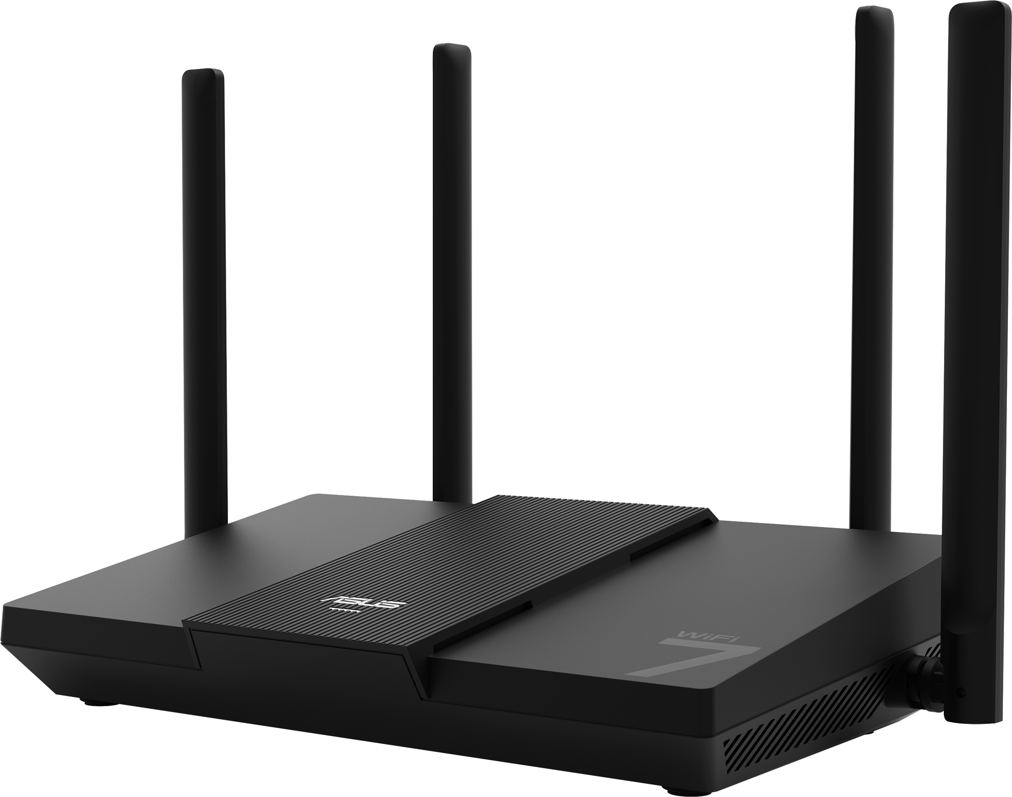 Fekete ASUS WiFi 7 router négy antennával. Modern dizájn. A háttér szürke és fehér átmenet.