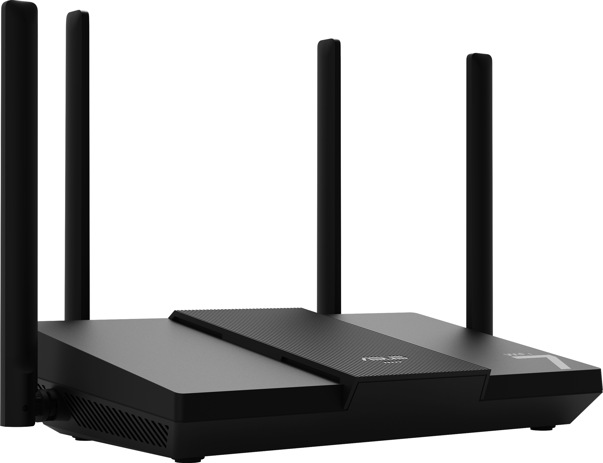 Fekete router négy antennával. A tetején vízszintes bordák vannak. A háttér szürke geometriai minta.