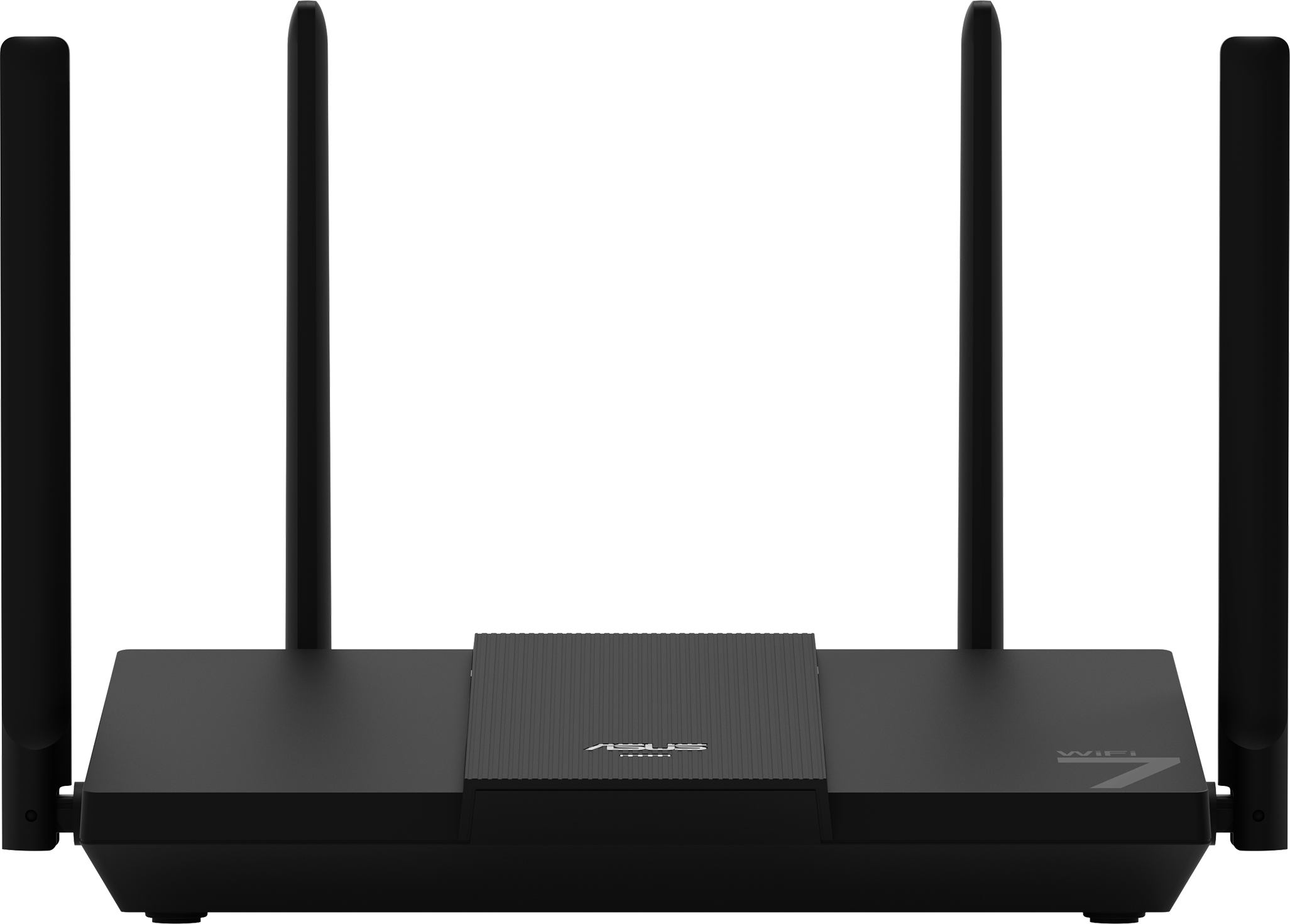 Fekete ASUS WiFi 7 router négy antennával. A készülék szürke-fehér háttéren helyezkedik el.