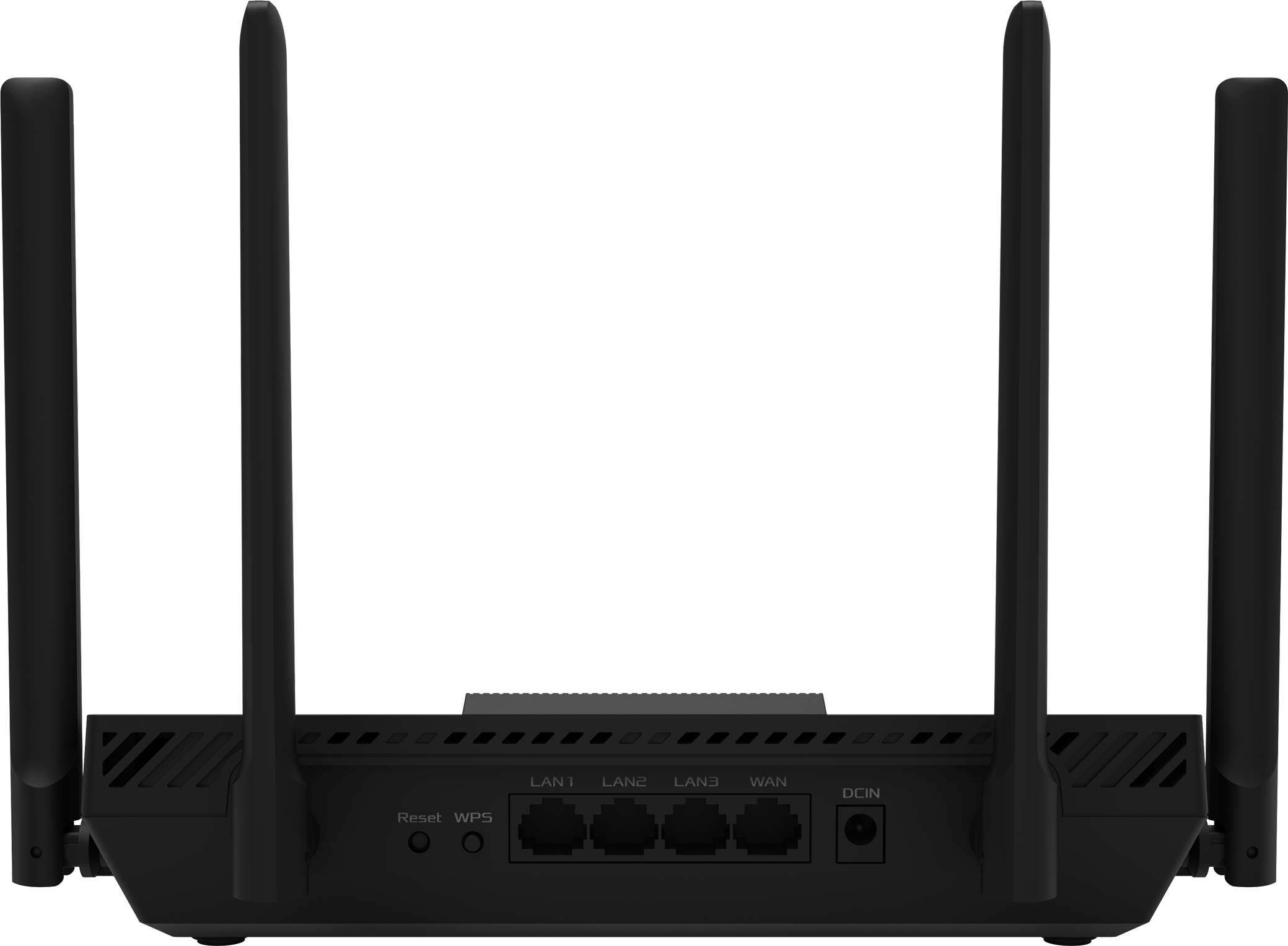 Fekete router antennákkal. Portok: LAN, WAN és DCIN. Reset és WPS gombok láthatók.