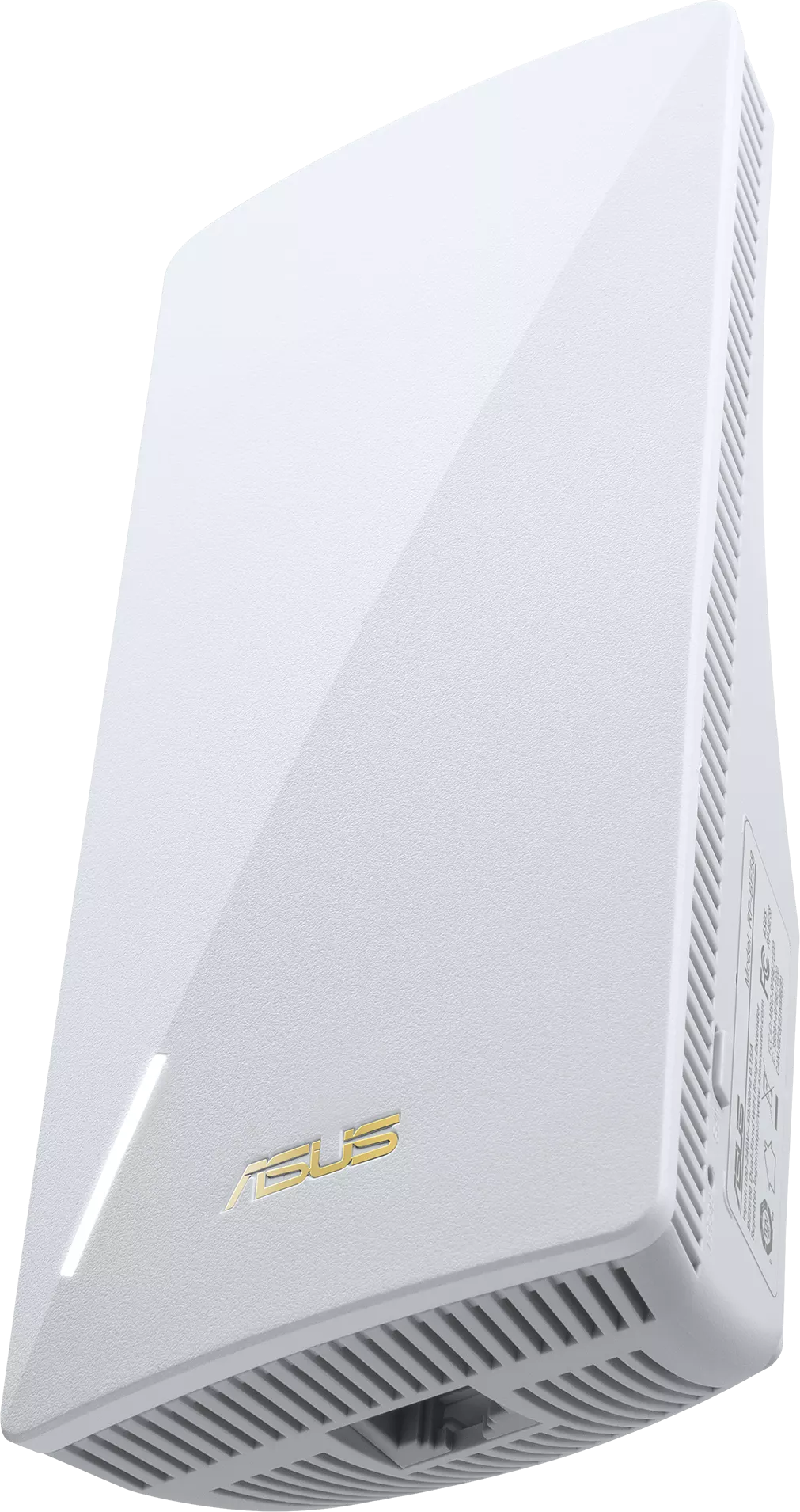 Fehér ASUS router szögben, logó látható. Oldala szellőzőkkel, jelölésekkel.